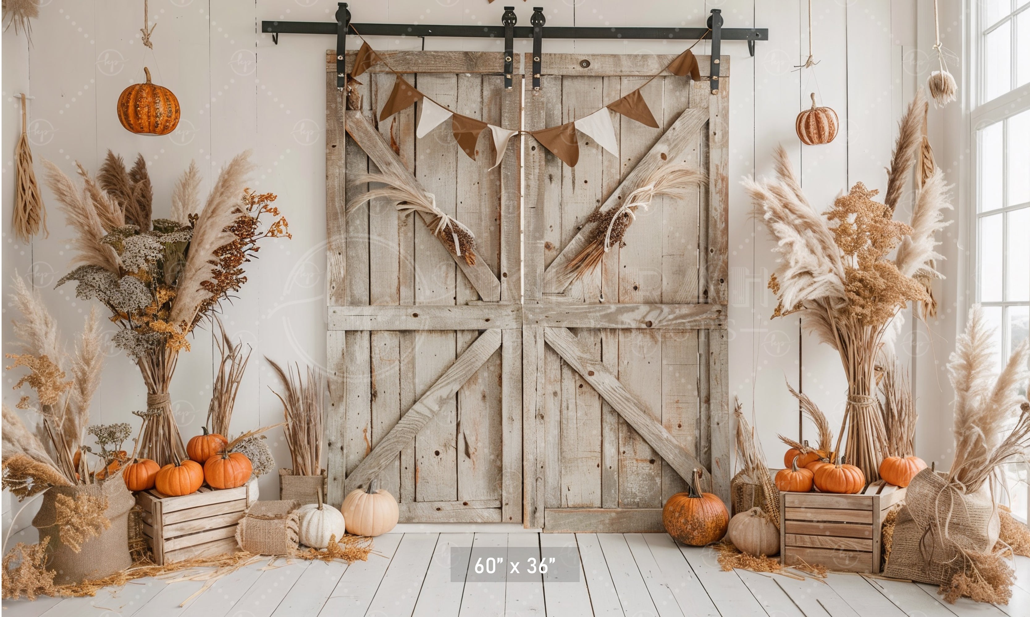 Rustic Fall Barn Door with Neutral Decor Backdrop