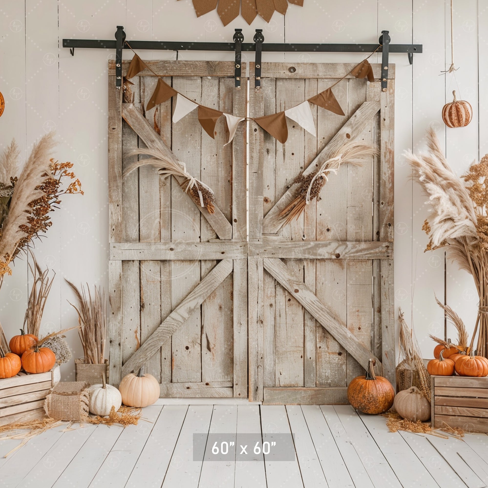 Rustic Fall Barn Door with Neutral Decor Backdrop