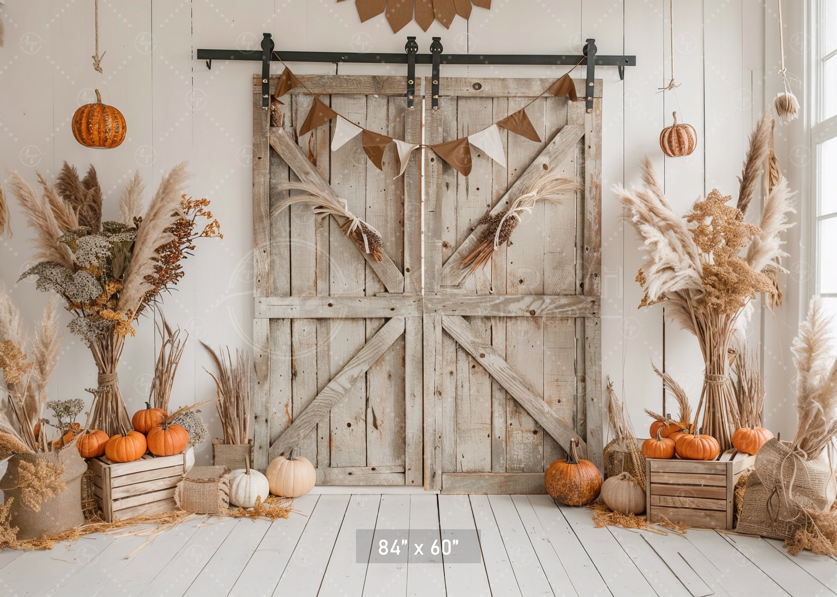 Rustic Fall Barn Door with Neutral Decor Backdrop
