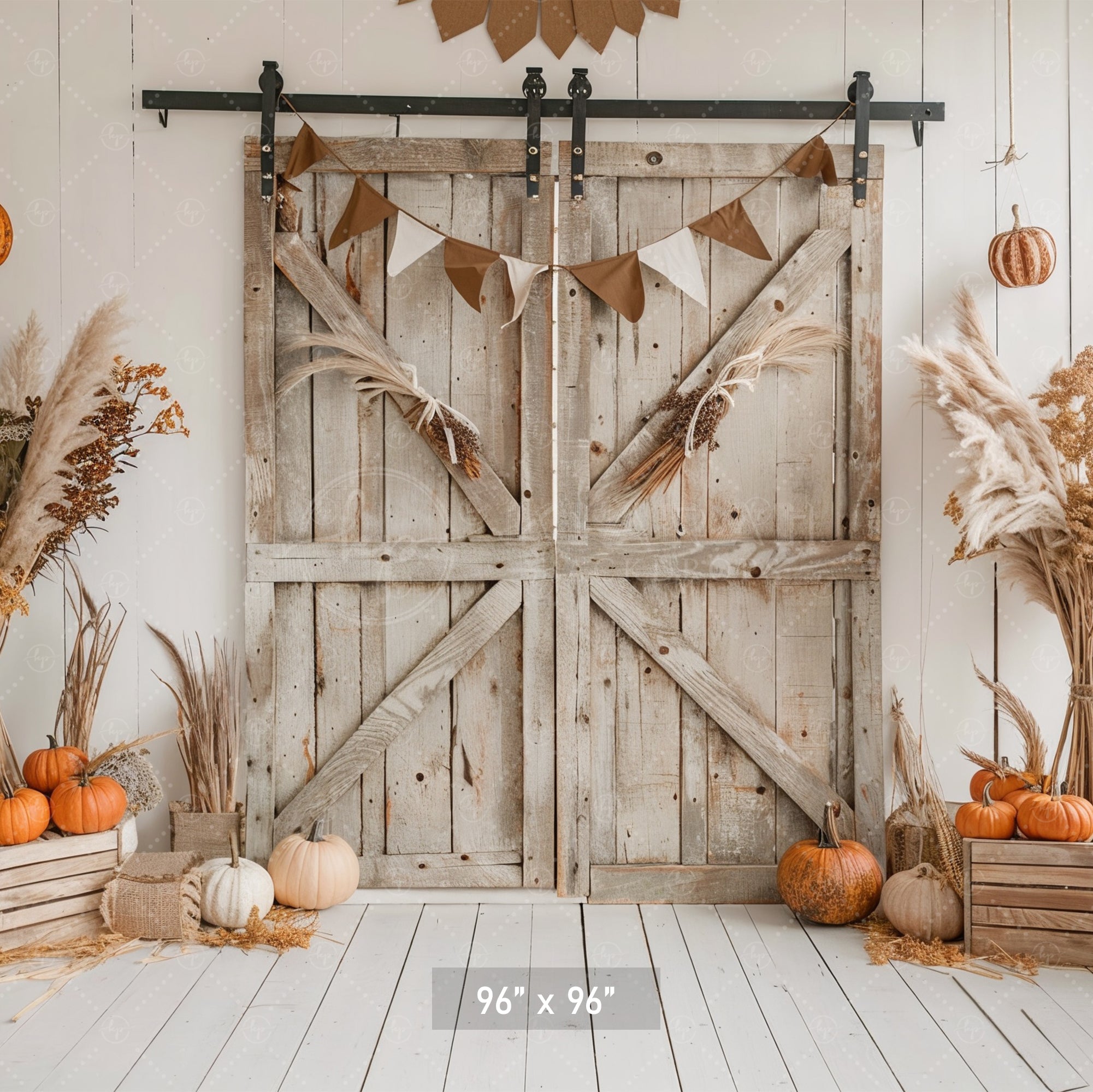 Rustic Fall Barn Door with Neutral Decor Backdrop