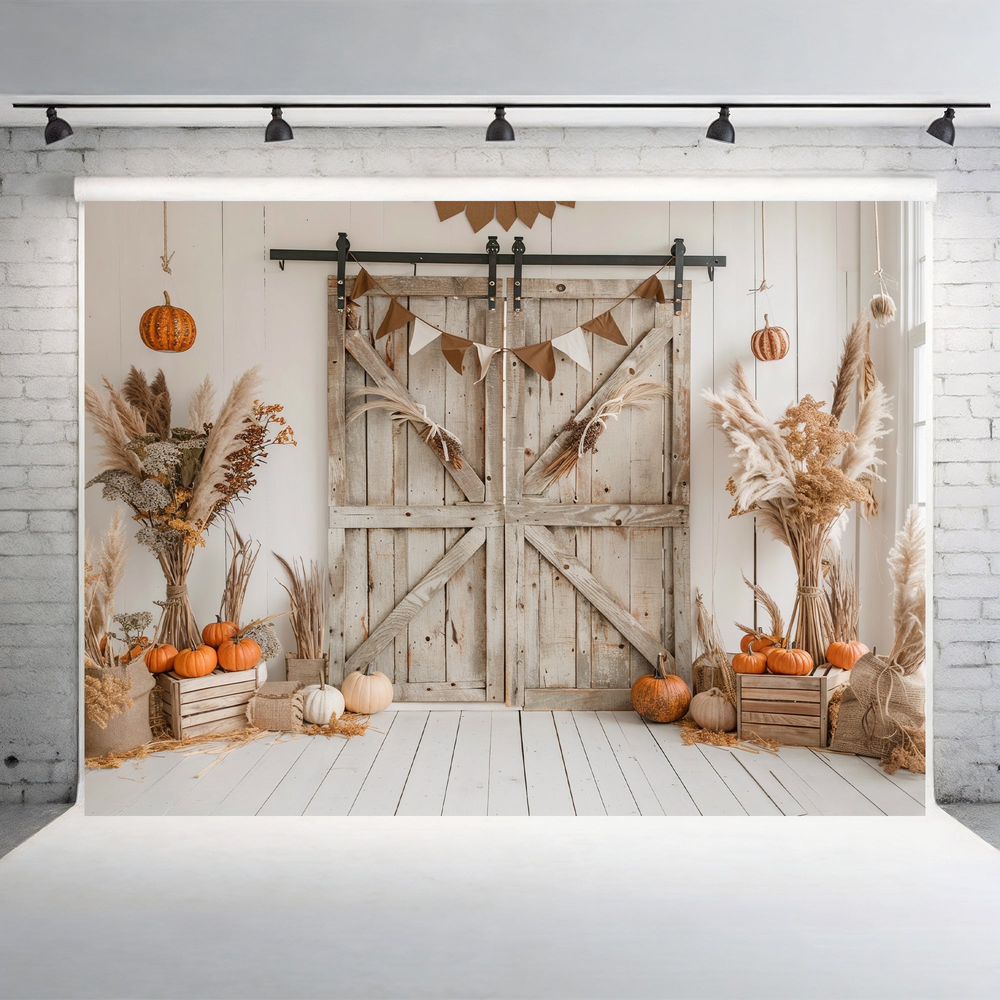Rustic Fall Barn Door with Neutral Decor Backdrop