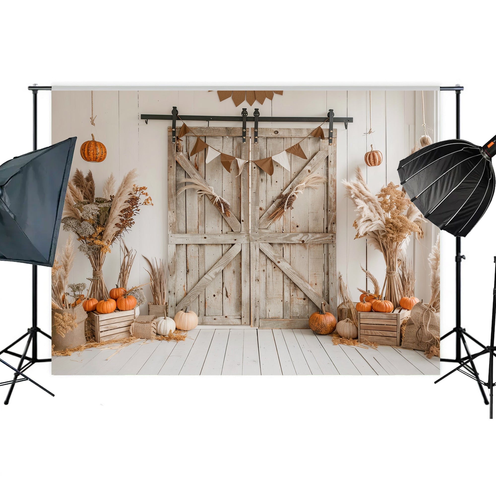 Rustic Fall Barn Door with Neutral Decor Backdrop