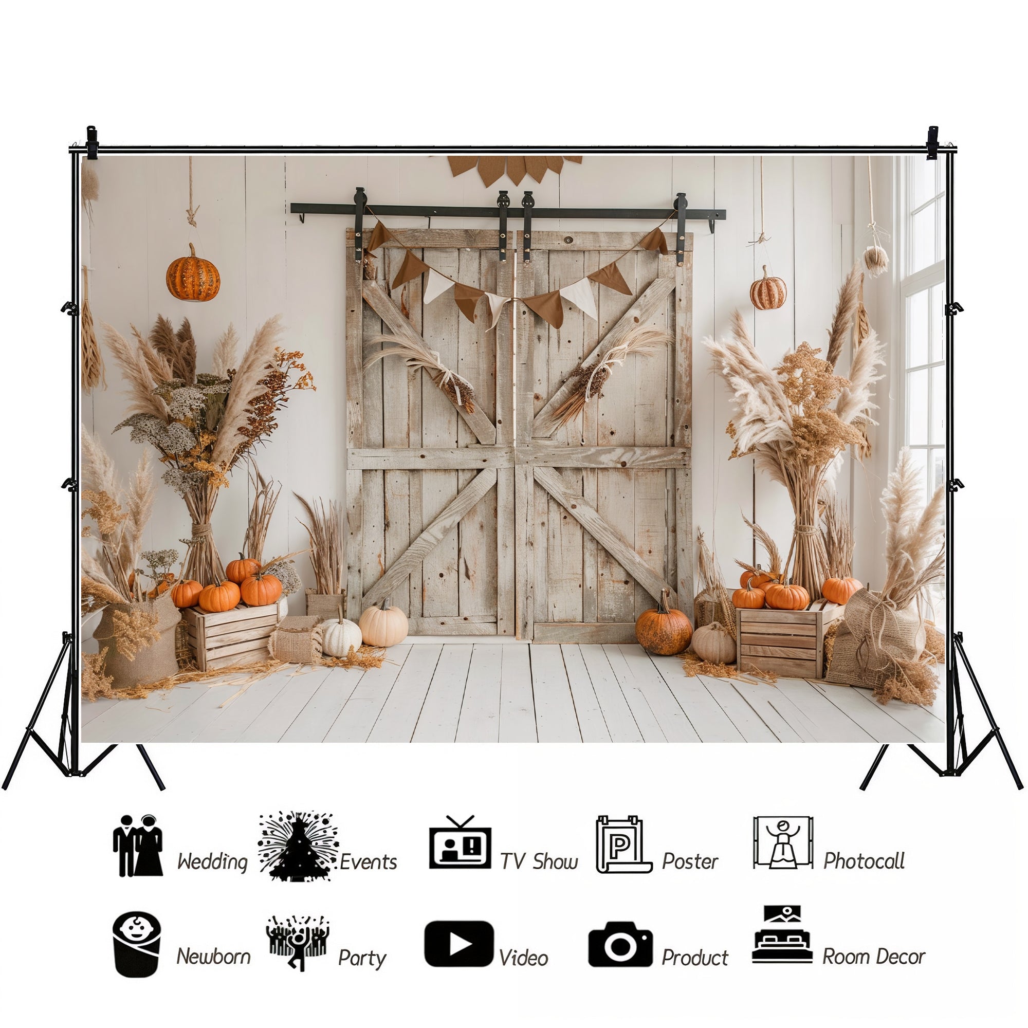 Rustic Fall Barn Door with Neutral Decor Backdrop