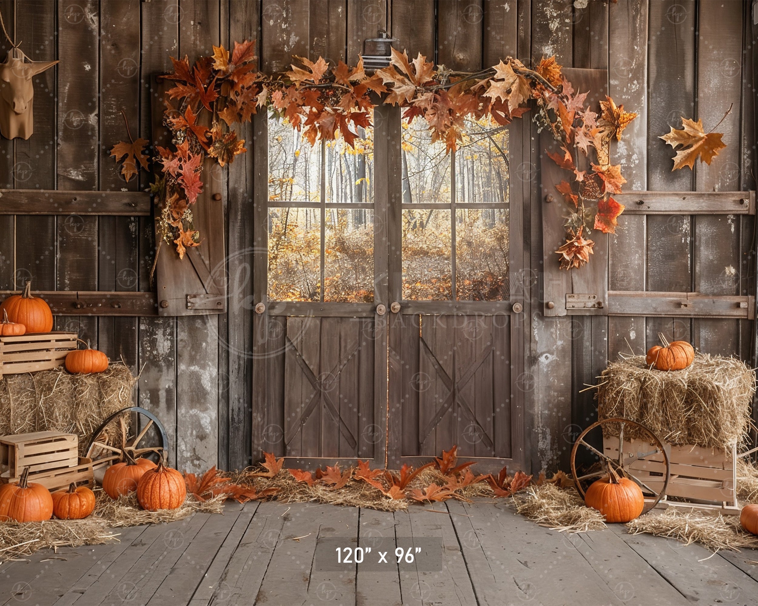 Autumn Barn Door Hay and Pumpkins Backdrop