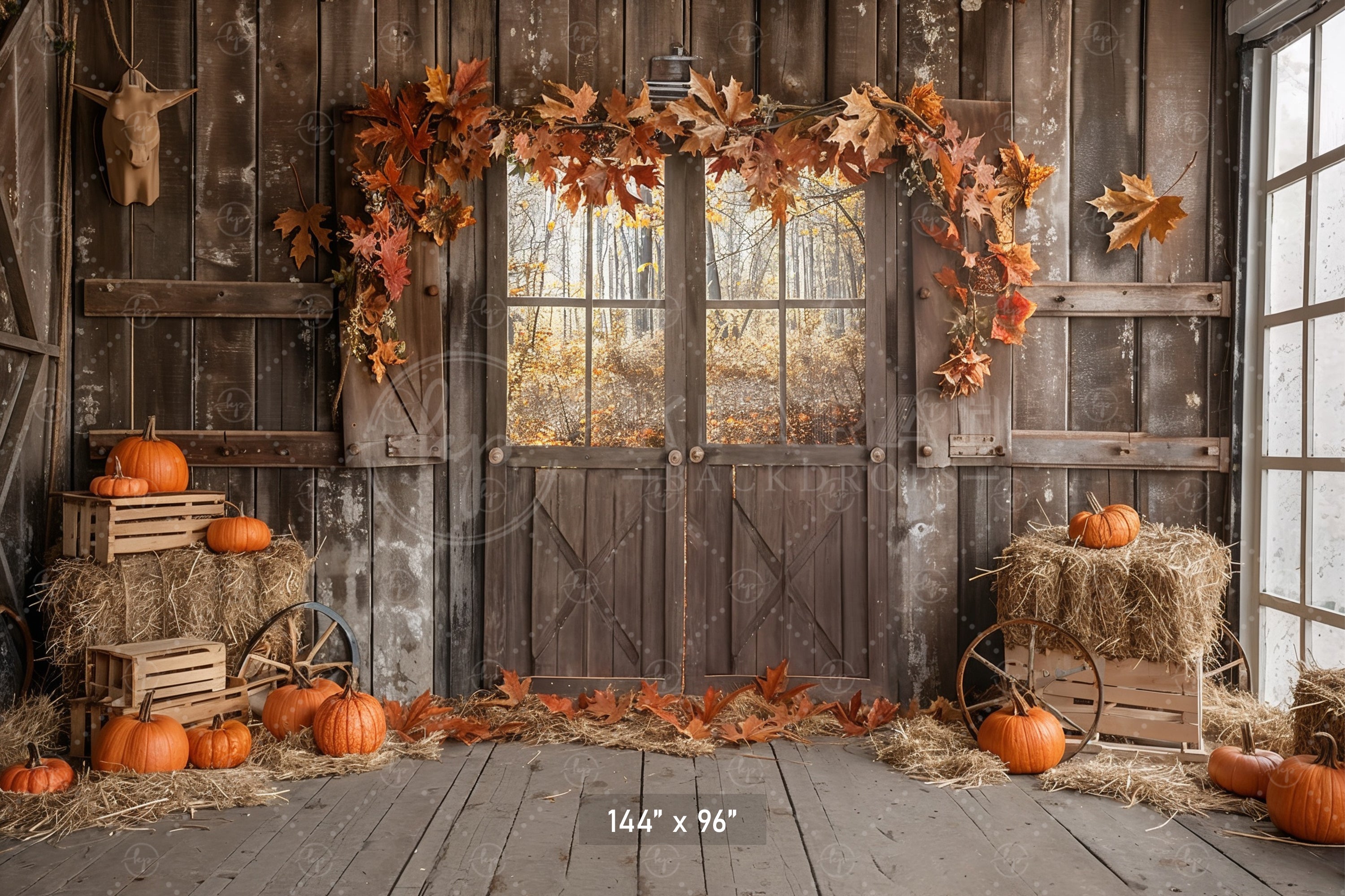 Autumn Barn Door Hay and Pumpkins Backdrop