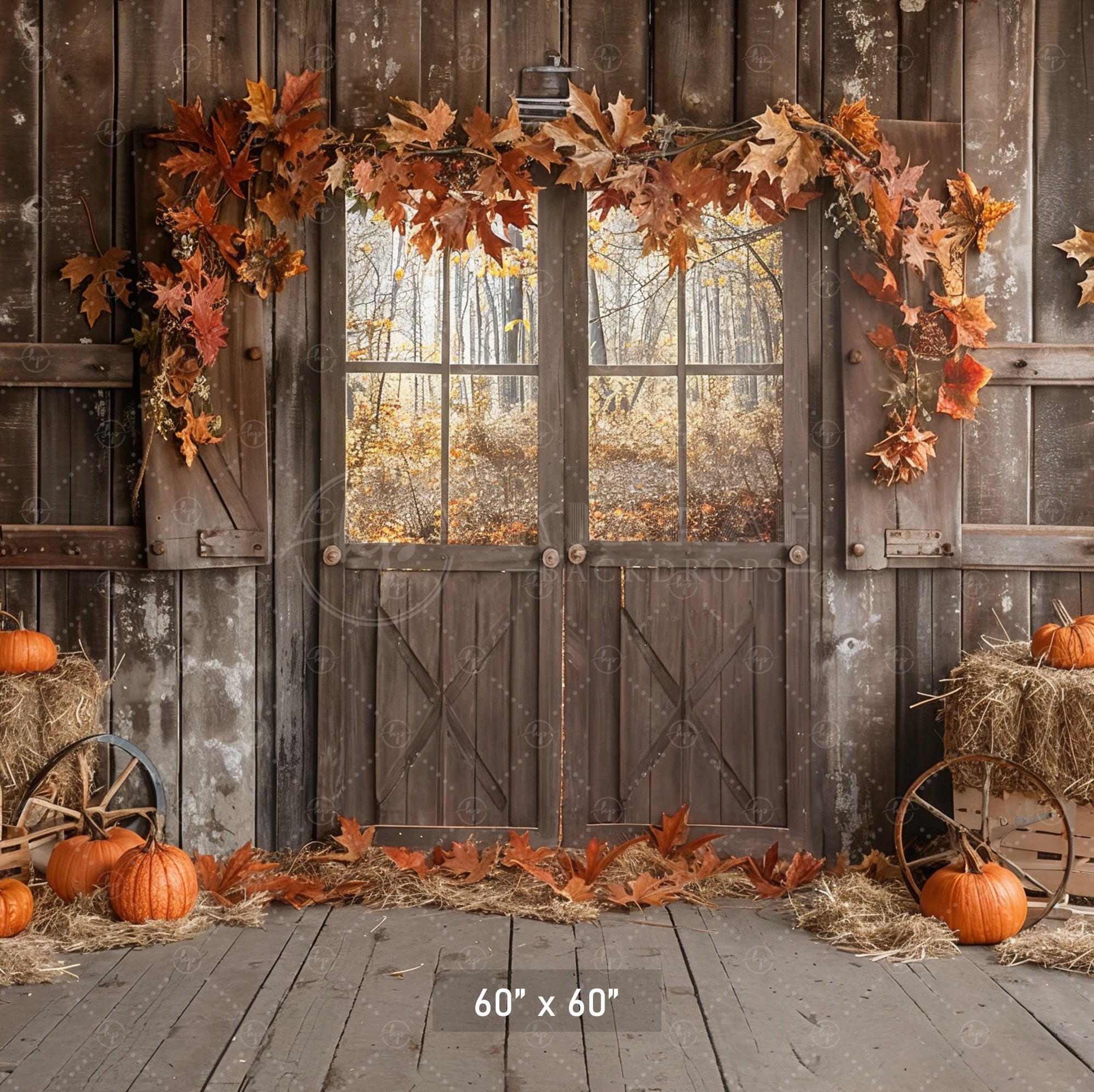 Autumn Barn Door Hay and Pumpkins Backdrop