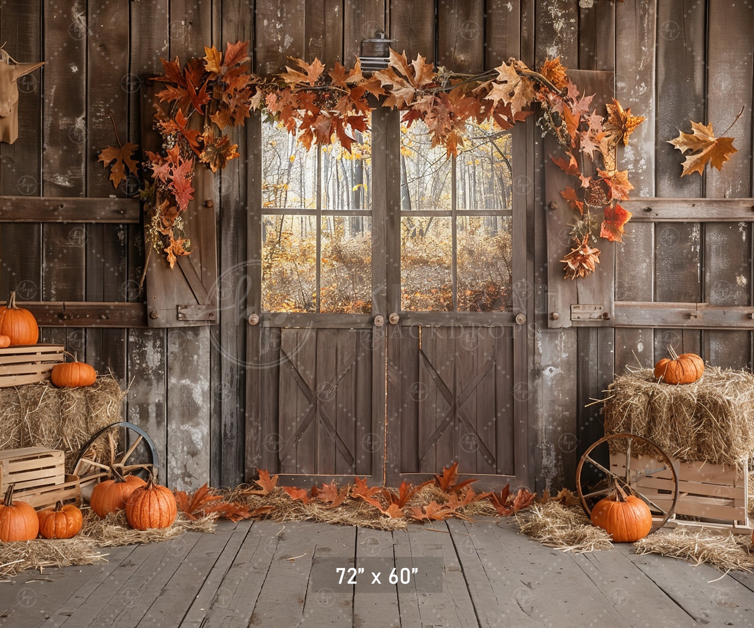 Autumn Barn Door Hay and Pumpkins Backdrop