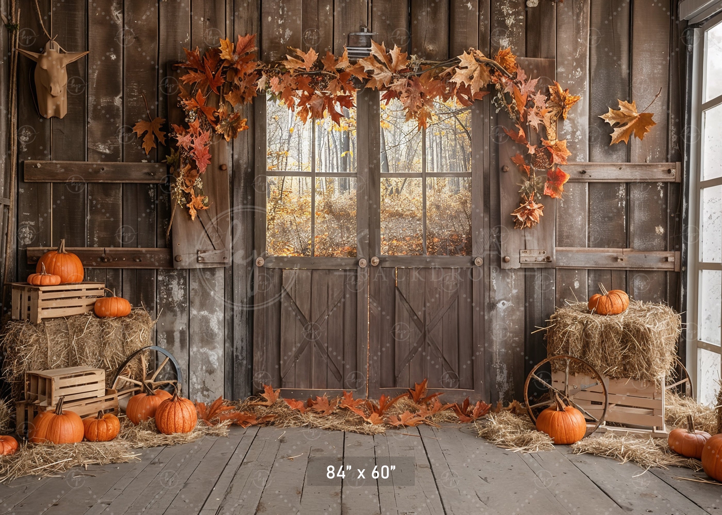 Autumn Barn Door Hay and Pumpkins Backdrop