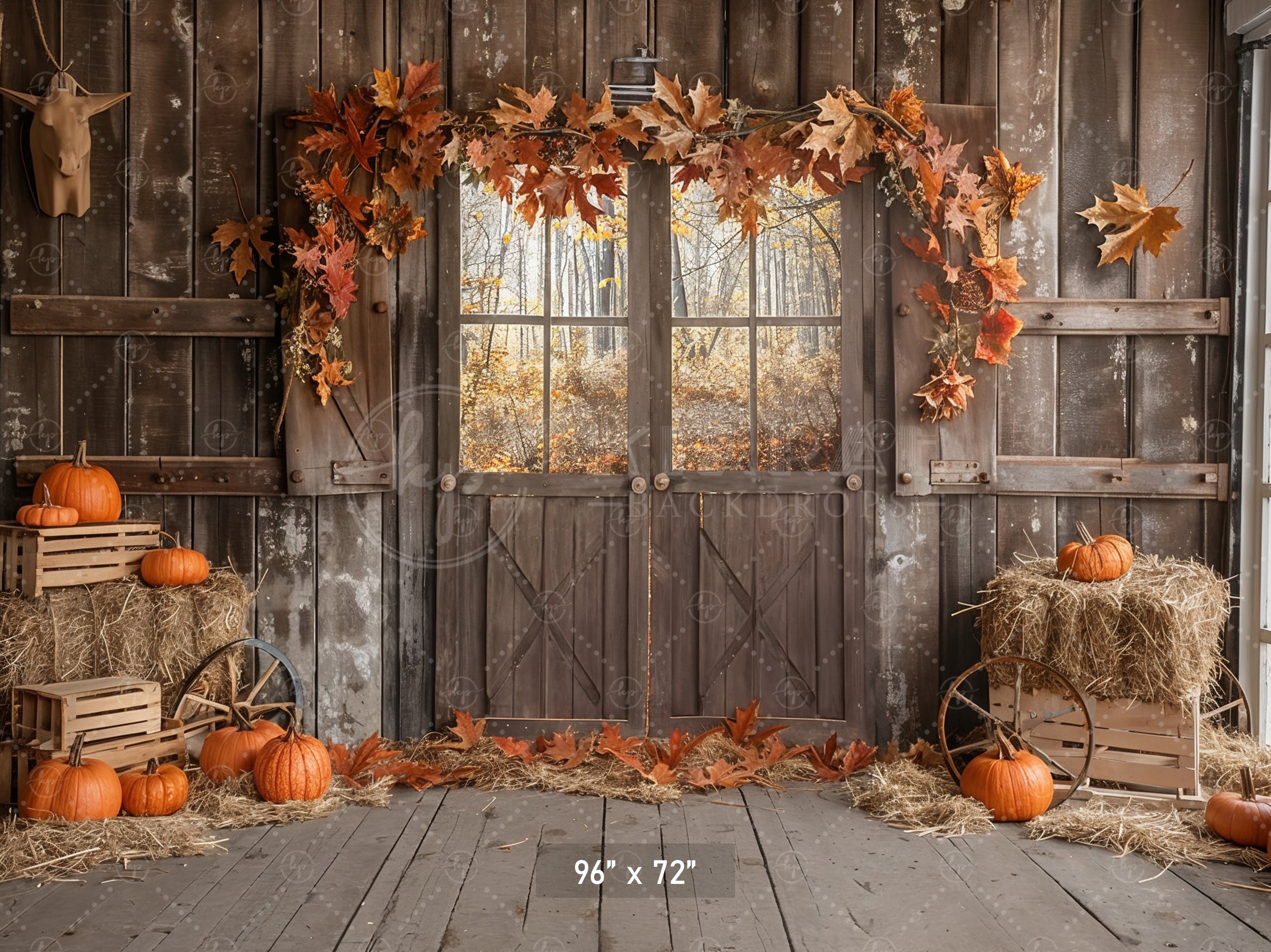 Autumn Barn Door Hay and Pumpkins Backdrop