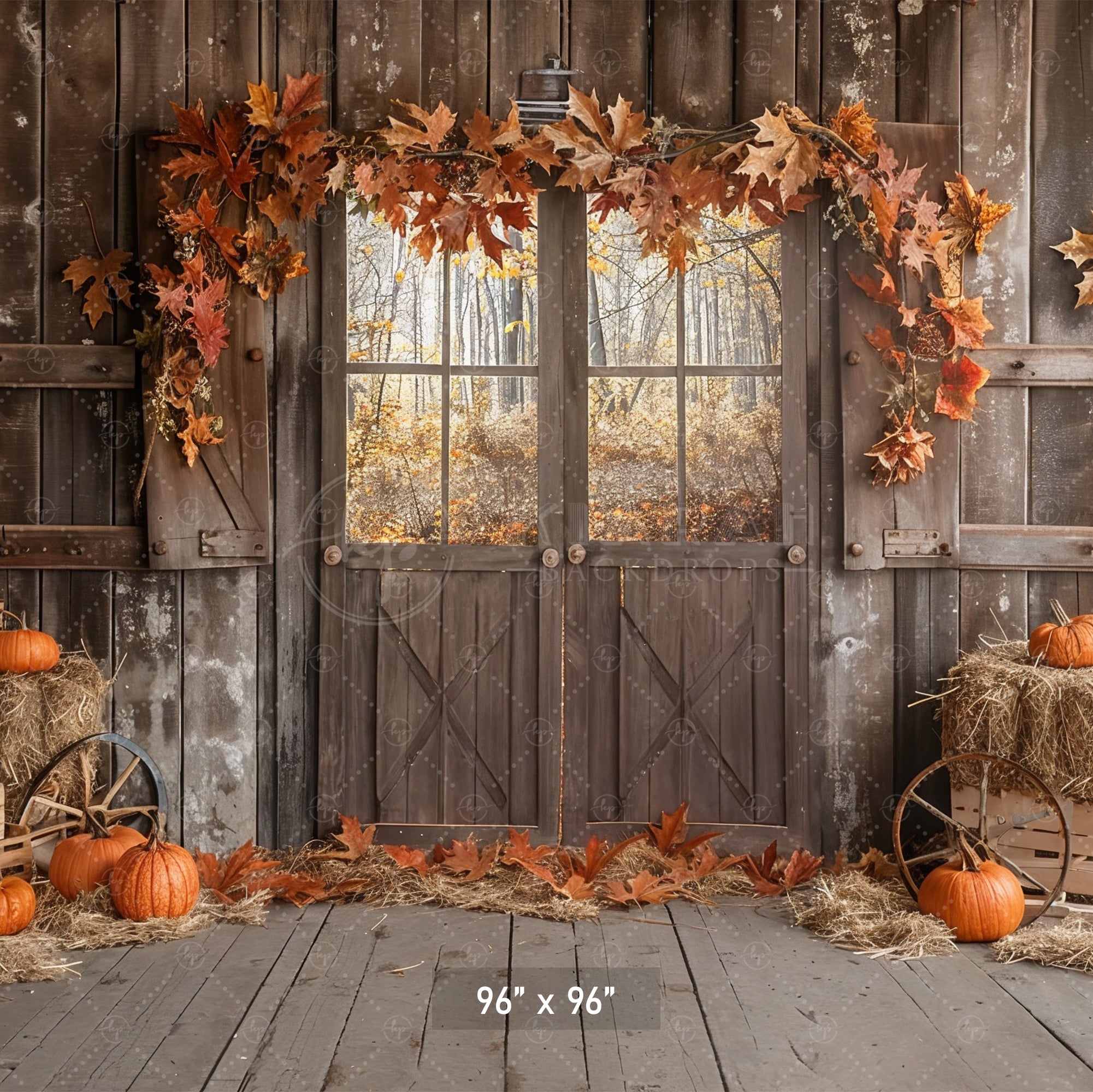 Autumn Barn Door Hay and Pumpkins Backdrop