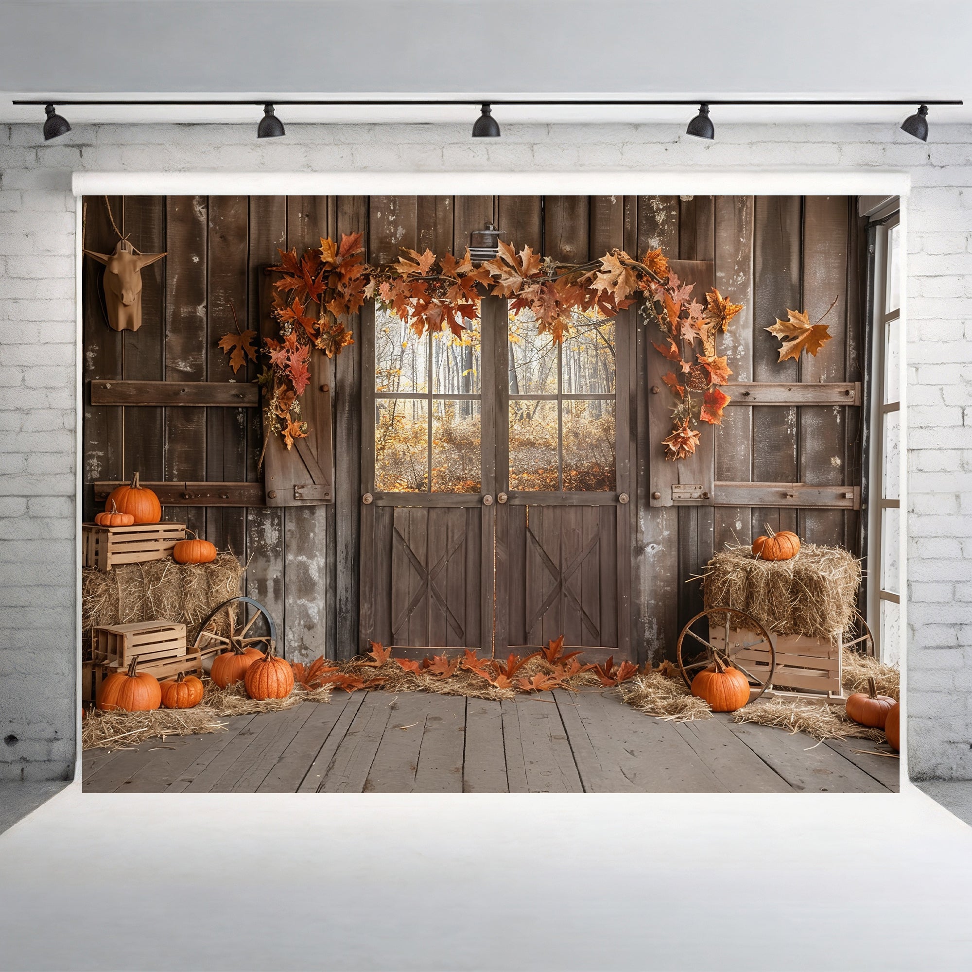 Autumn Barn Door Hay and Pumpkins Backdrop