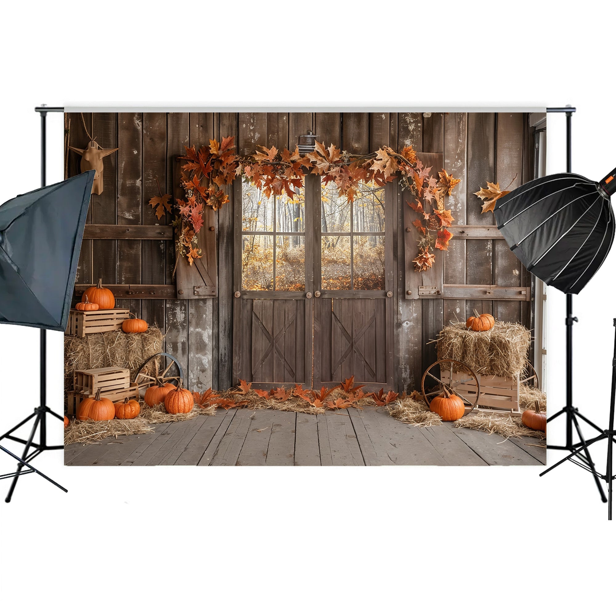 Autumn Barn Door Hay and Pumpkins Backdrop