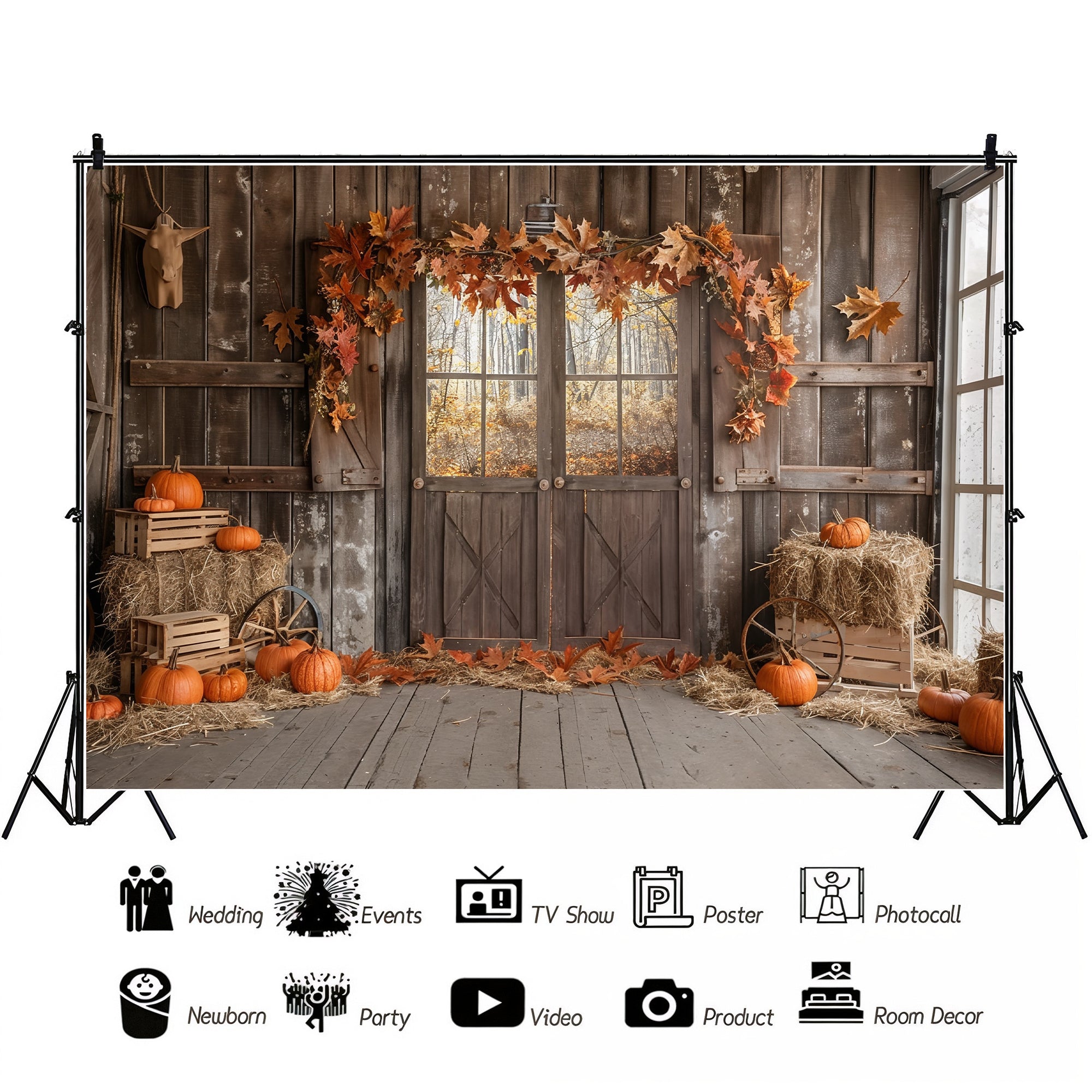 Autumn Barn Door Hay and Pumpkins Backdrop