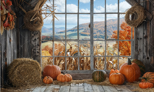 Autumn Barn Window Scenic View Backdrop