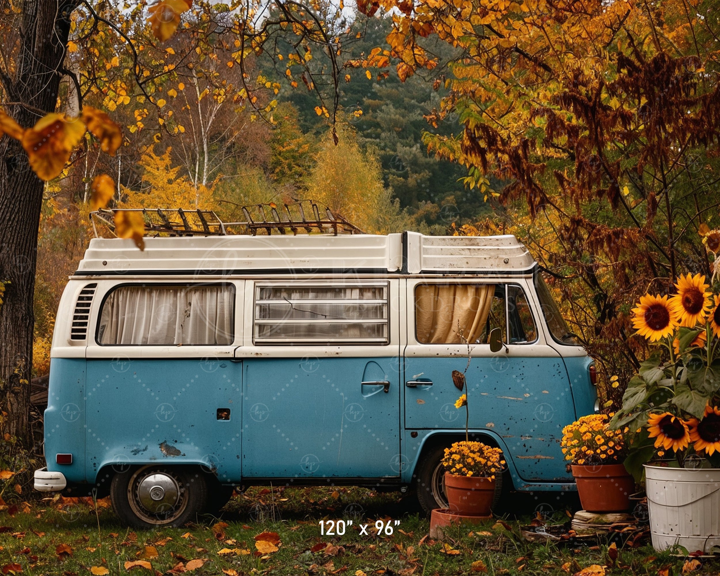 Vintage Camper Van and Sunflowers Backdrop