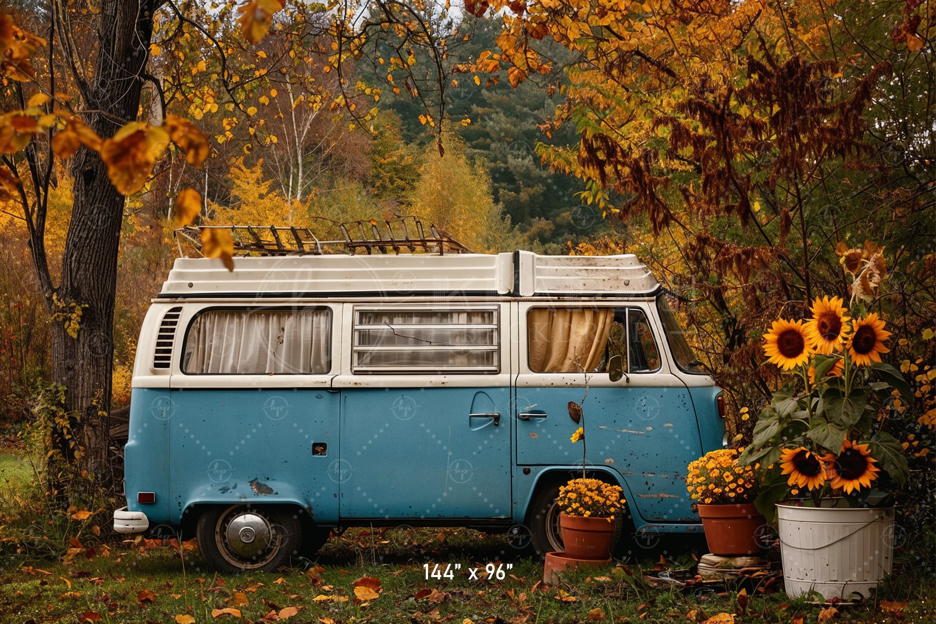 Vintage Camper Van and Sunflowers Backdrop