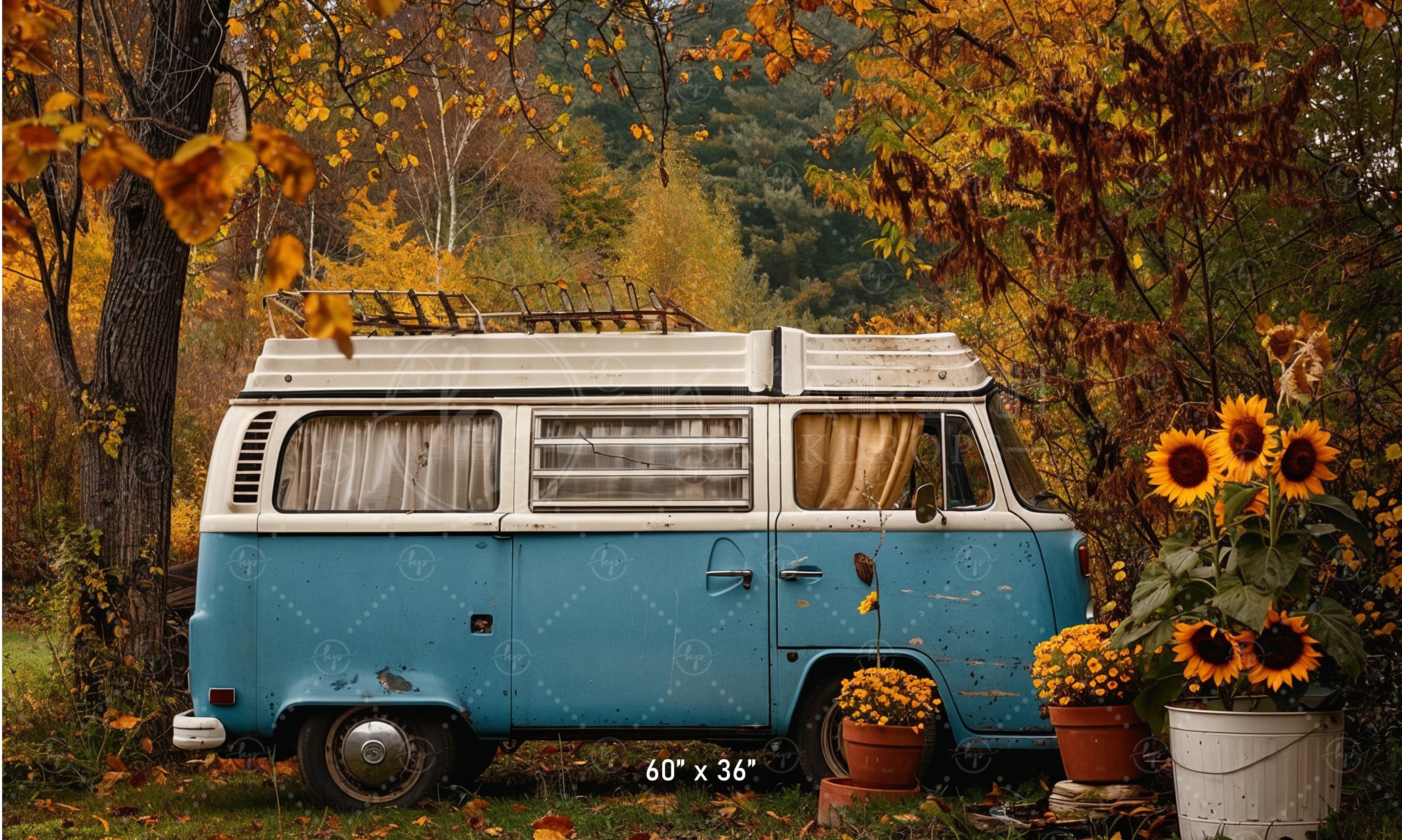 Vintage Camper Van and Sunflowers Backdrop