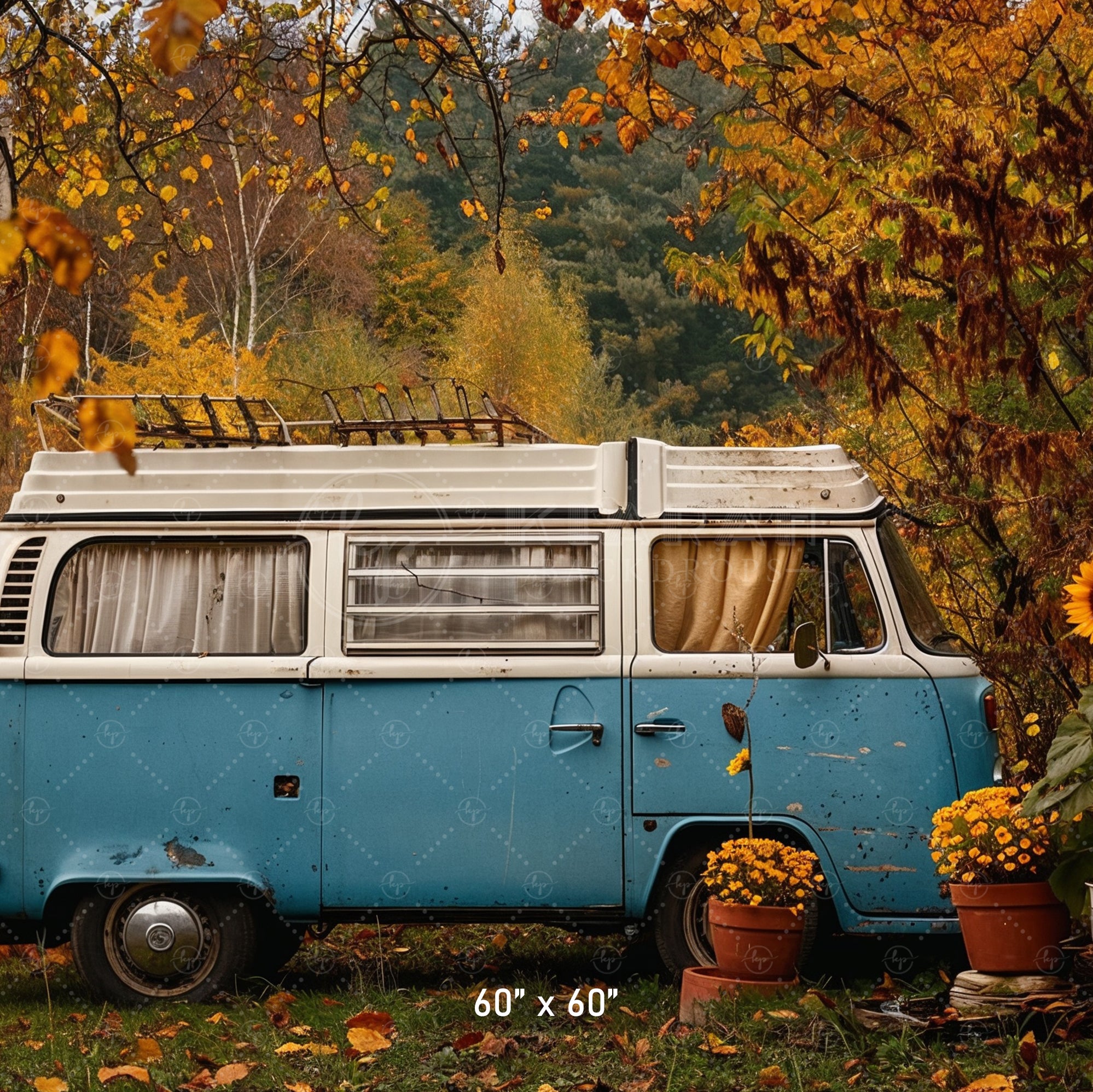 Vintage Camper Van and Sunflowers Backdrop