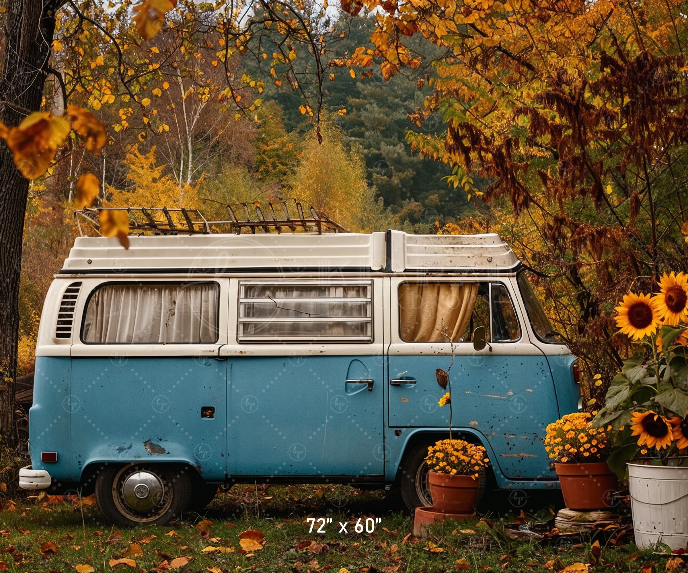 Vintage Camper Van and Sunflowers Backdrop