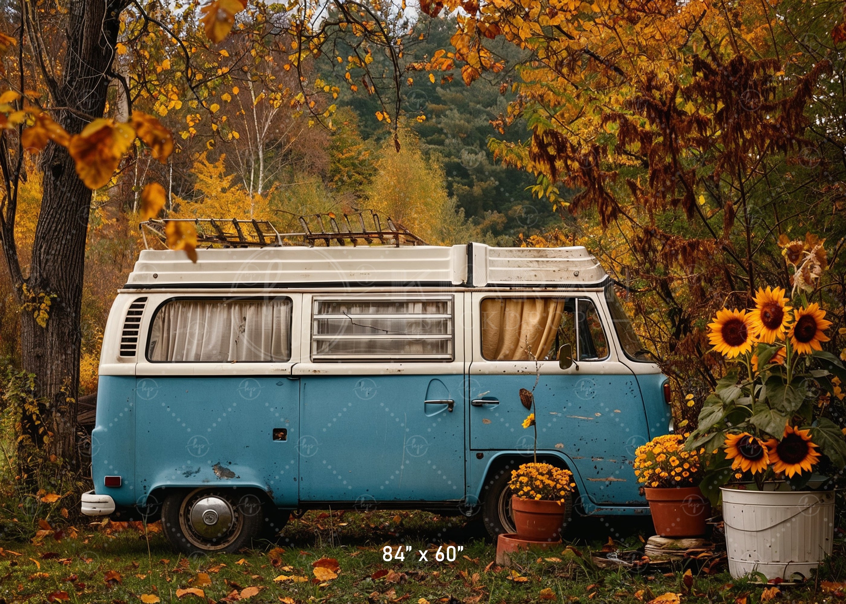 Vintage Camper Van and Sunflowers Backdrop