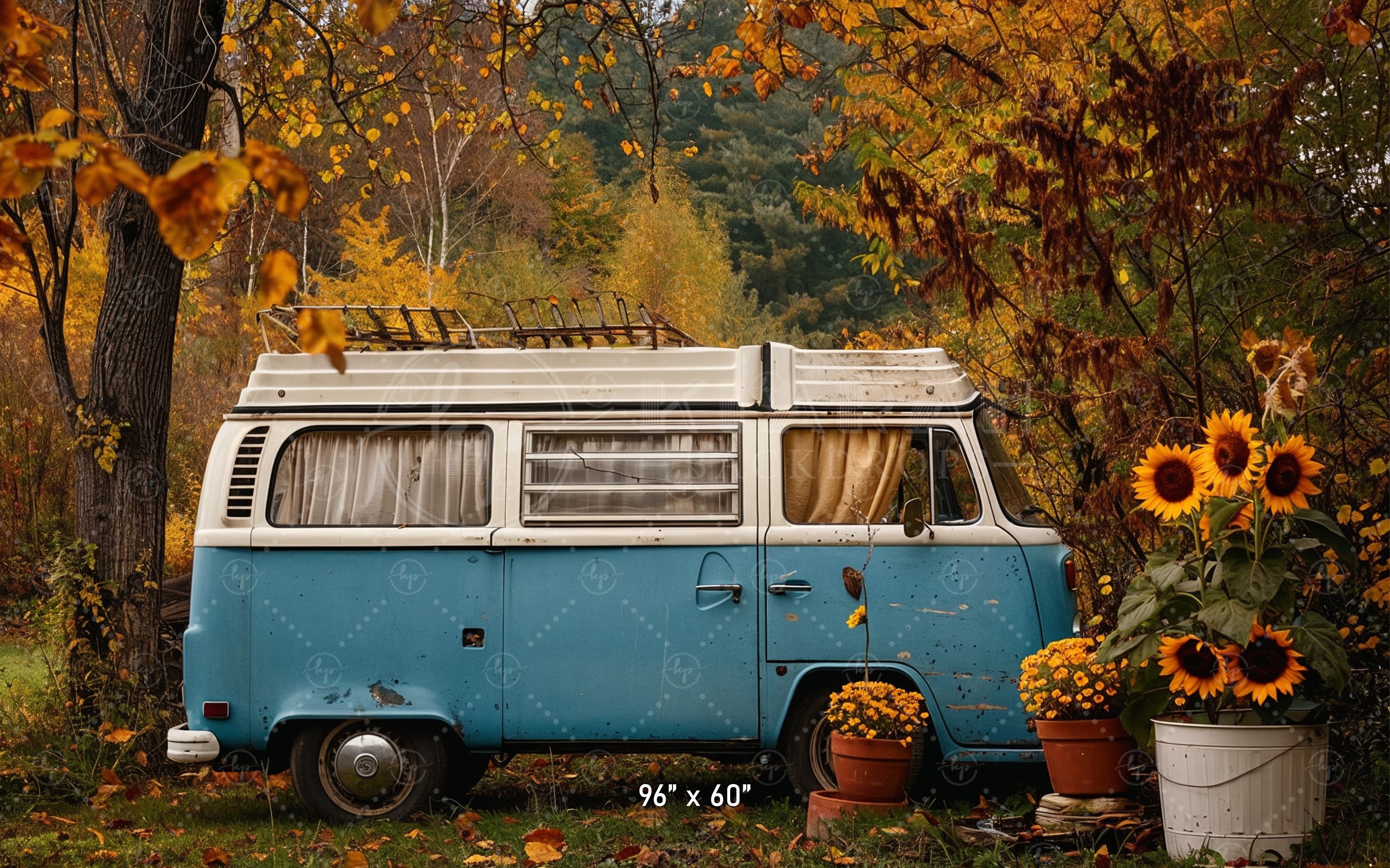 Vintage Camper Van and Sunflowers Backdrop