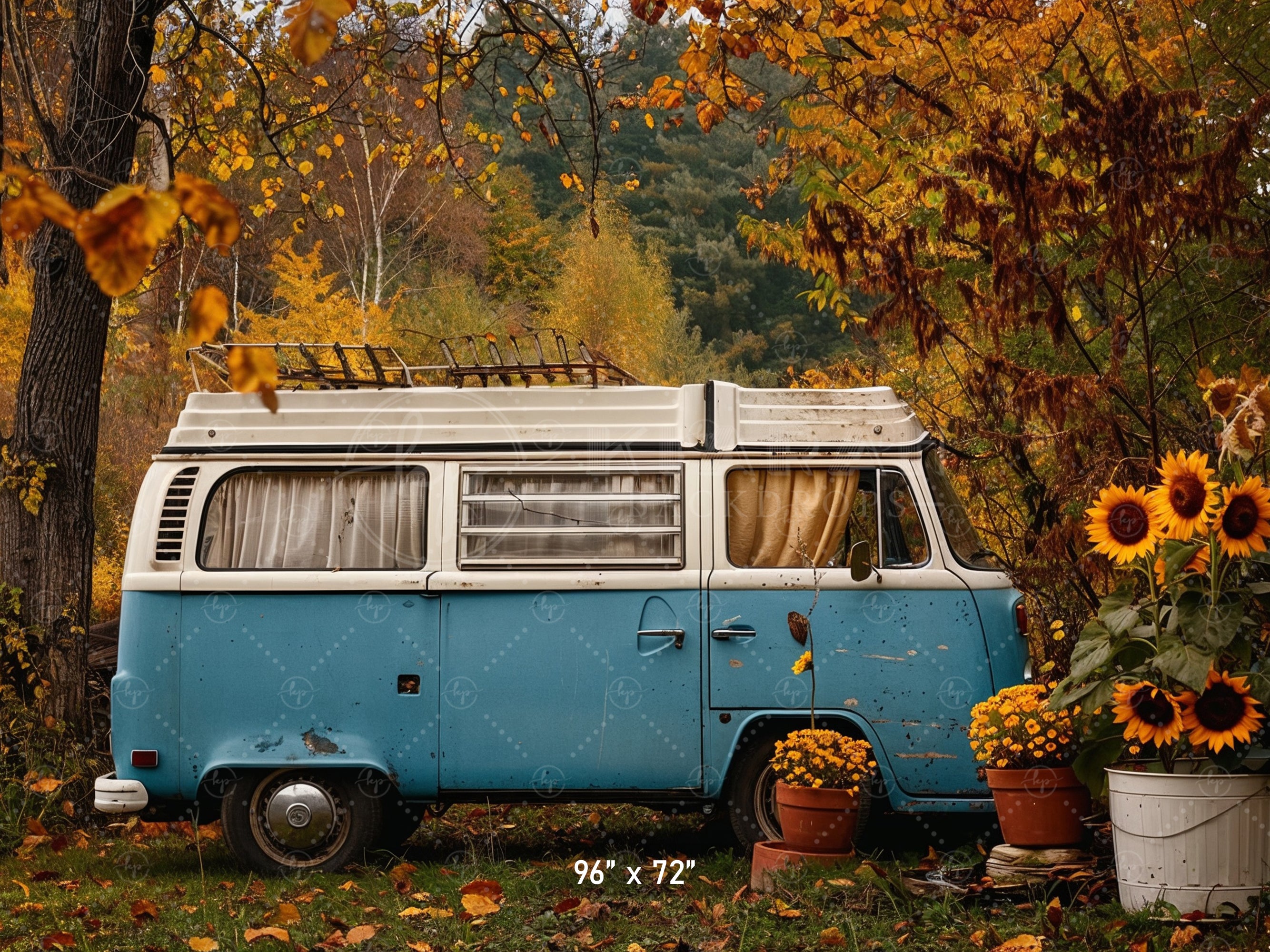 Vintage Camper Van and Sunflowers Backdrop