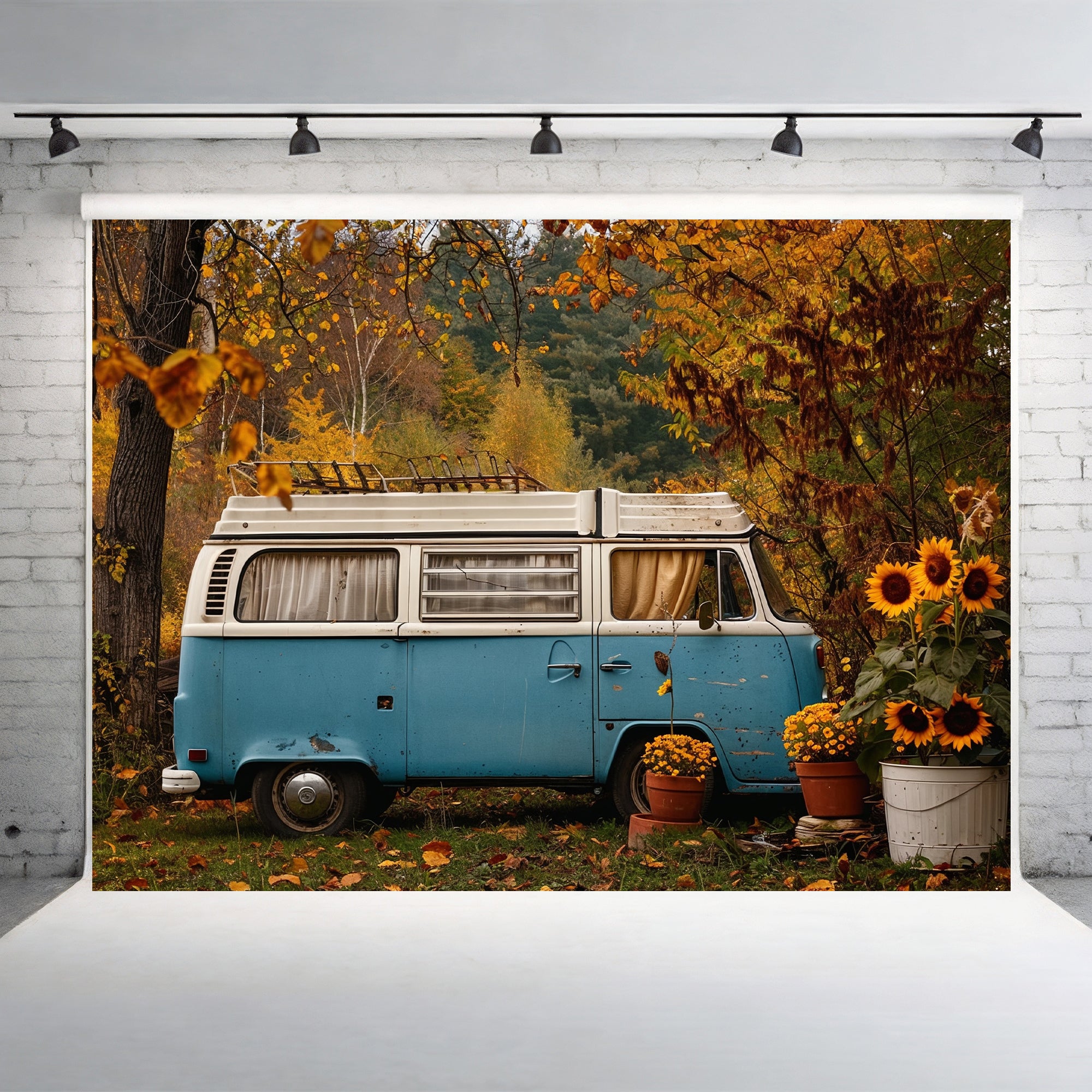 Vintage Camper Van and Sunflowers Backdrop