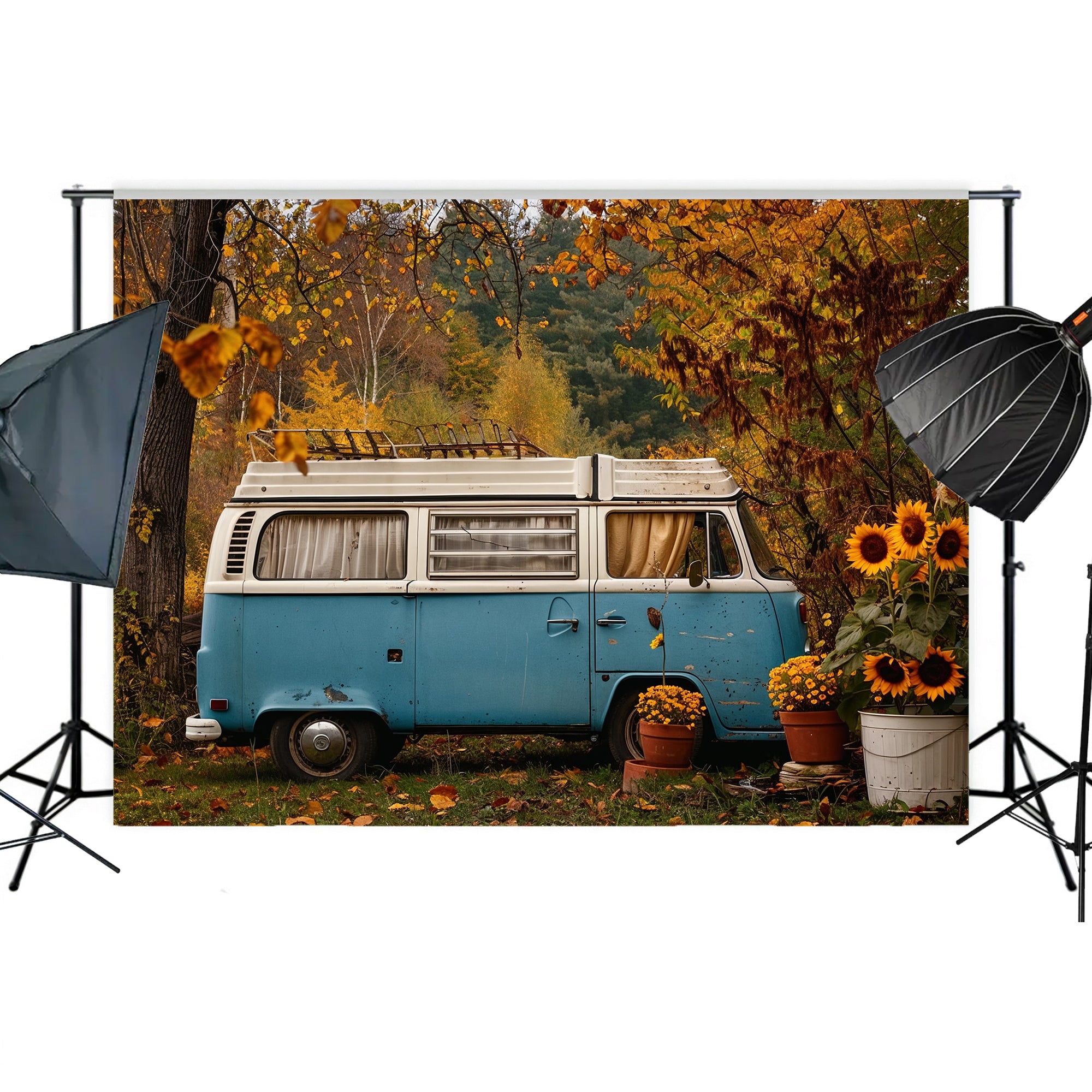 Vintage Camper Van and Sunflowers Backdrop