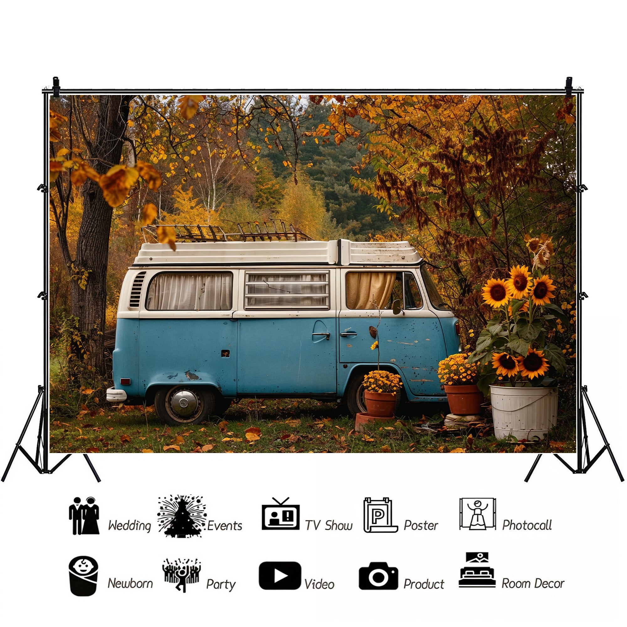 Vintage Camper Van and Sunflowers Backdrop