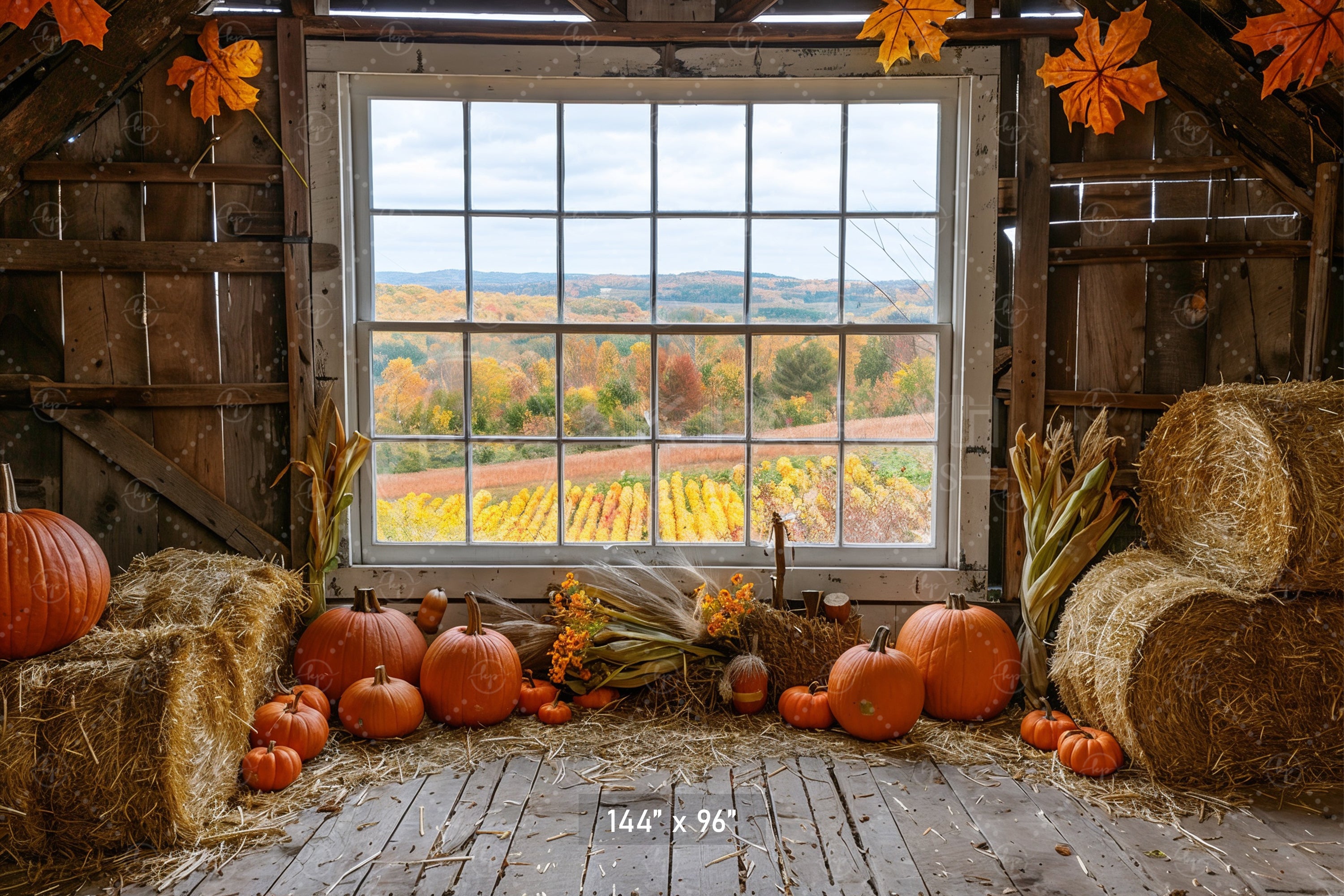 Autumn Barn Window Overlooking Fields Backdrop