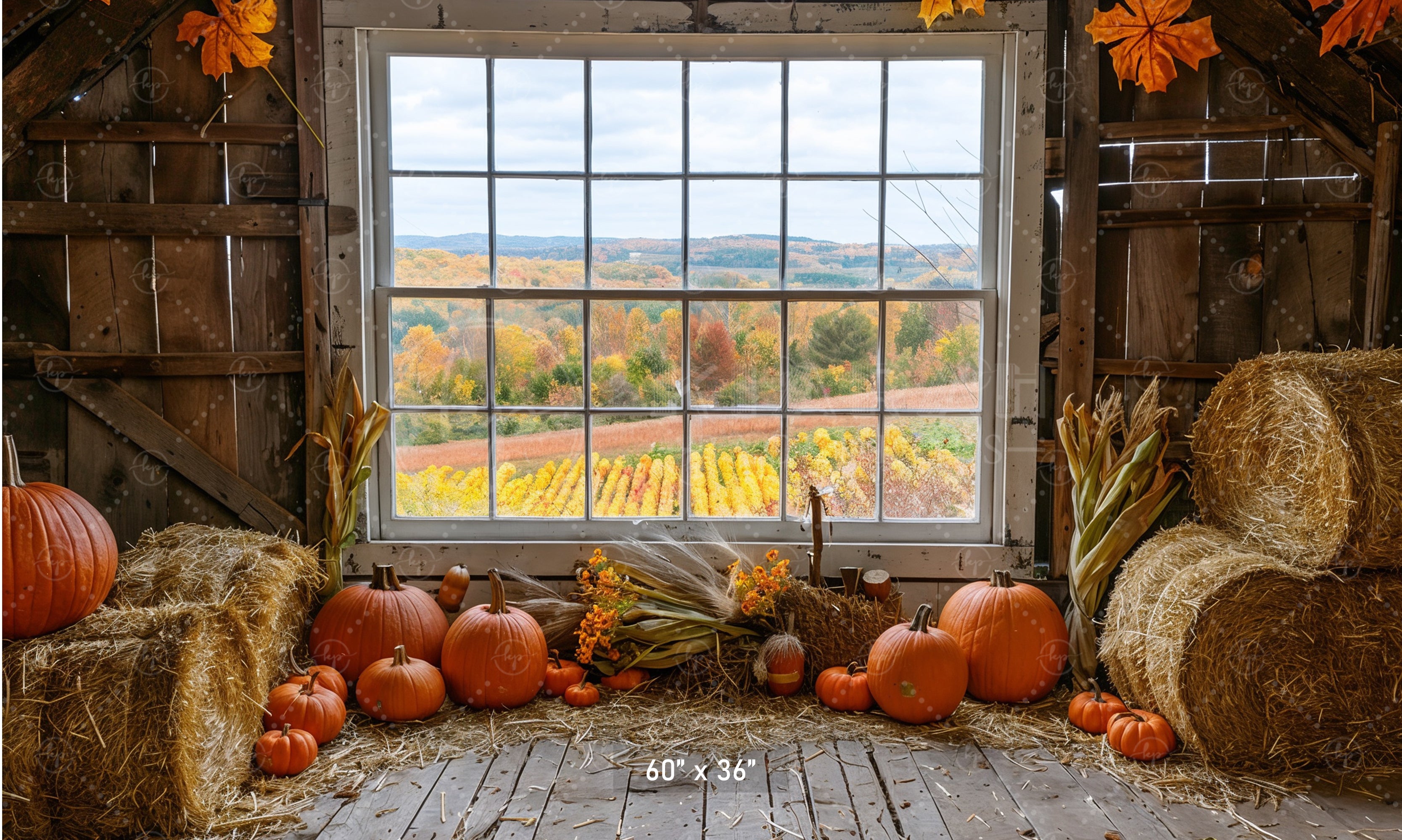 Autumn Barn Window Overlooking Fields Backdrop