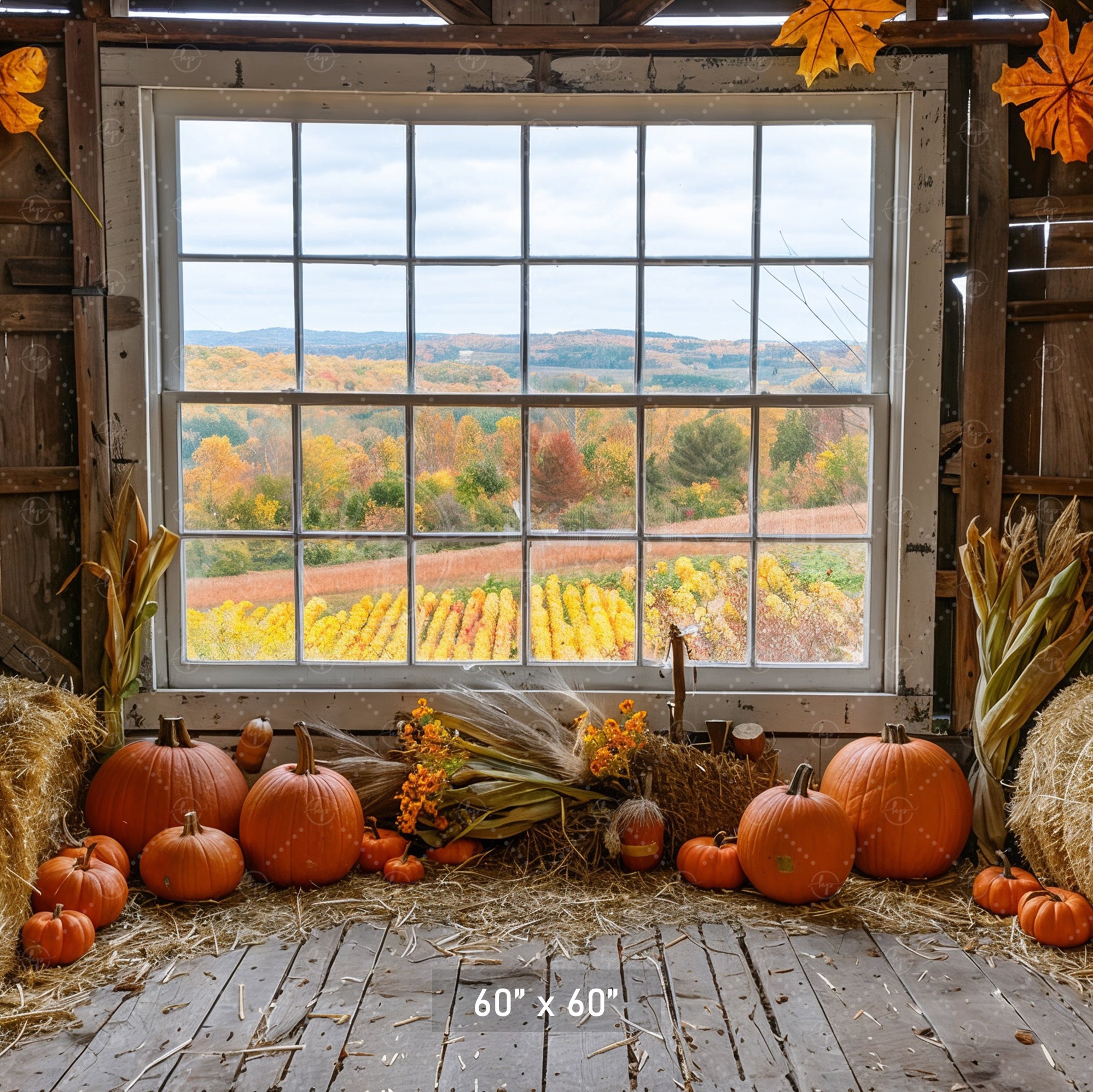 Autumn Barn Window Overlooking Fields Backdrop