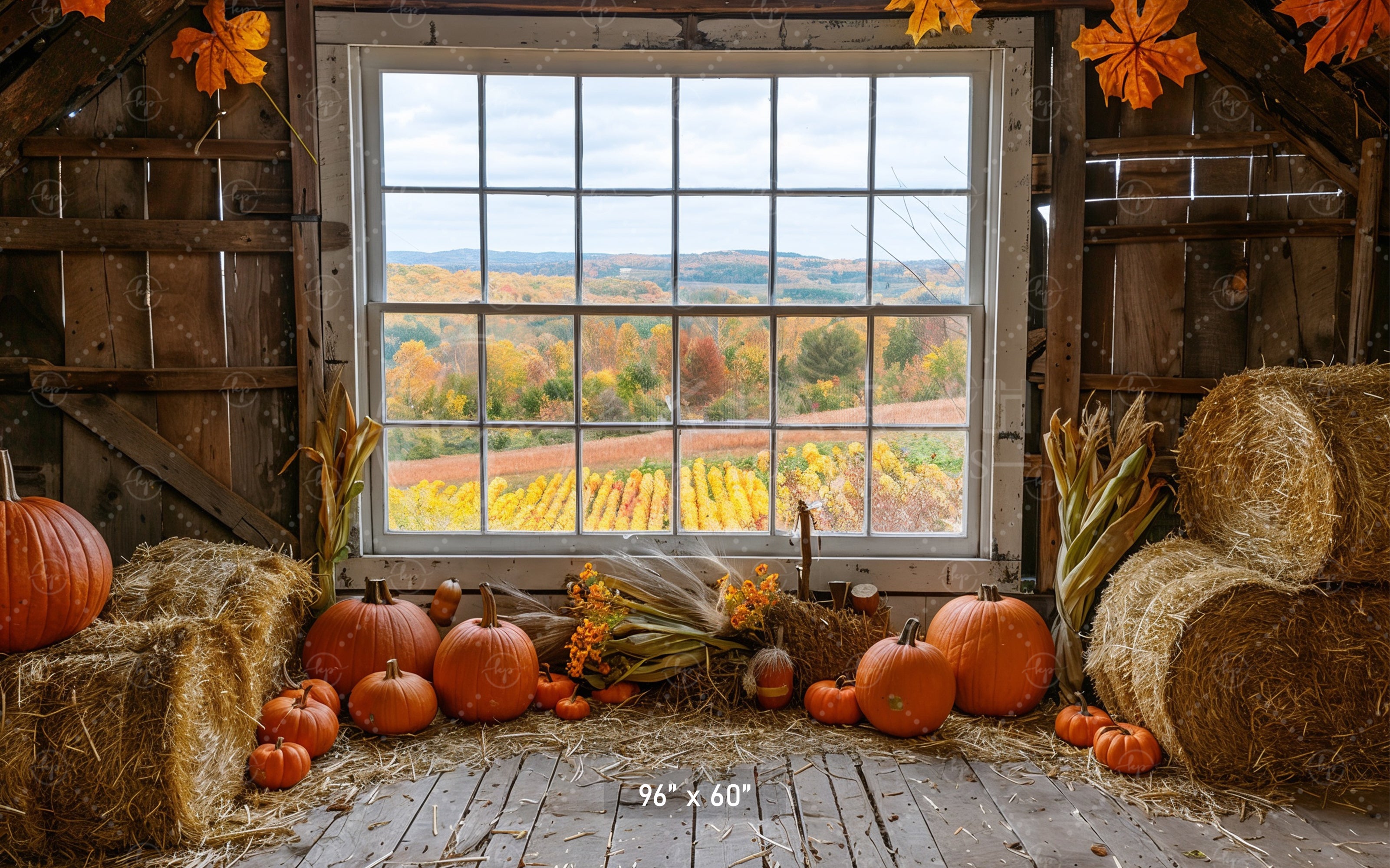 Autumn Barn Window Overlooking Fields Backdrop