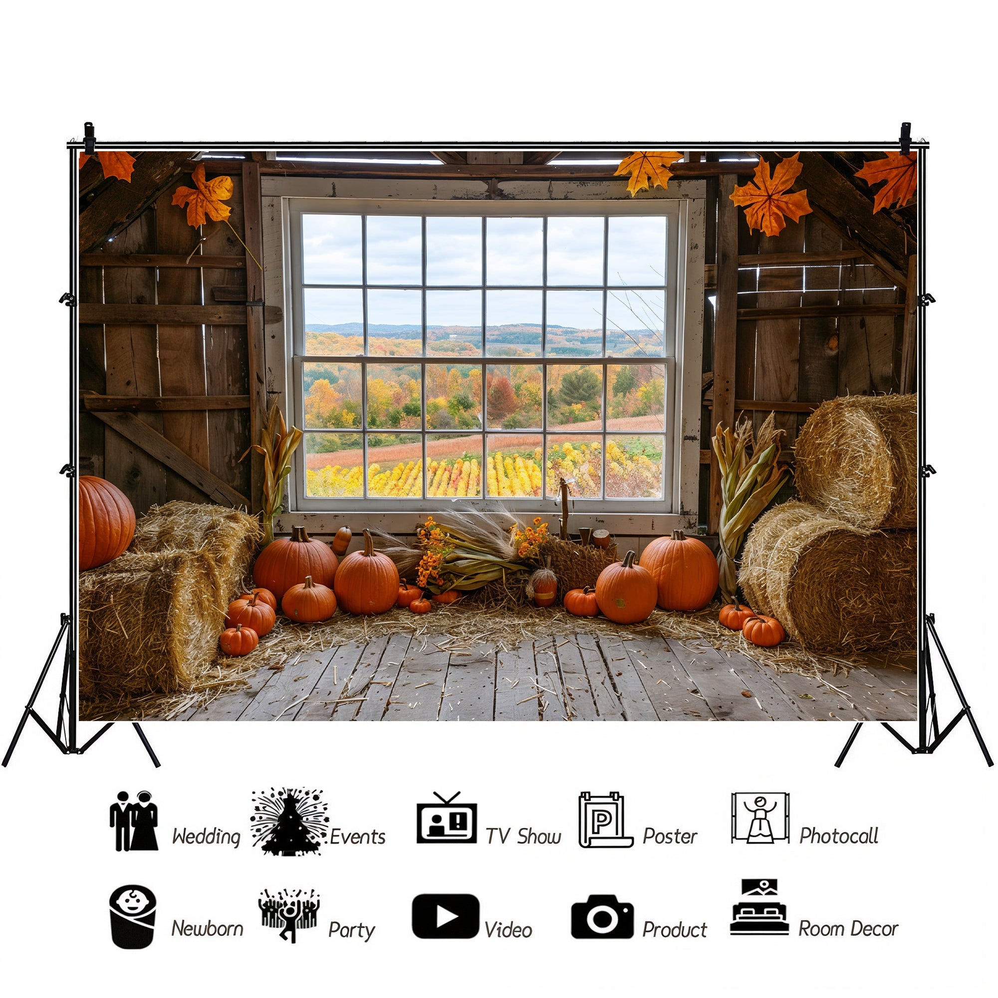 Autumn Barn Window Overlooking Fields Backdrop