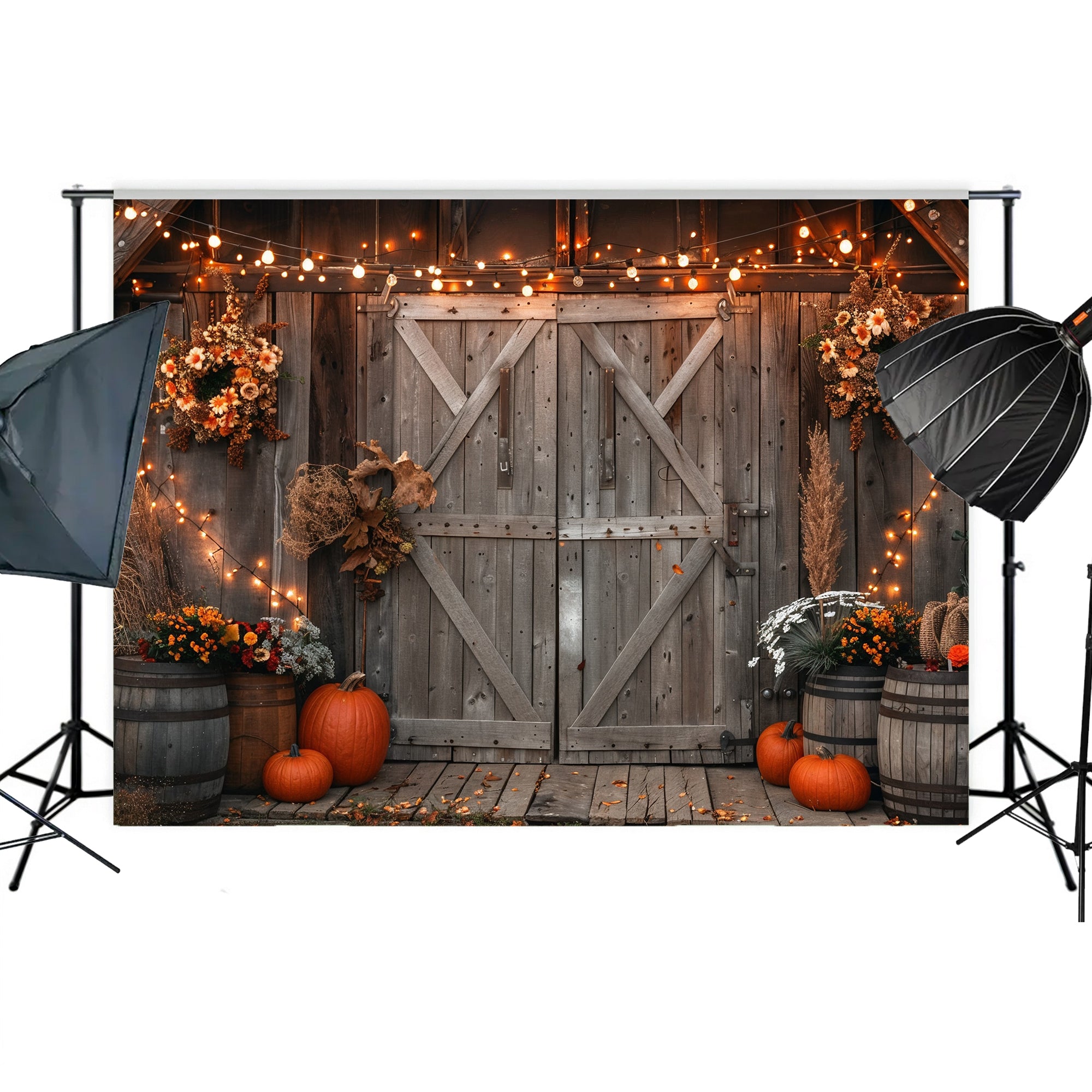 Cozy Autumn Barn Lights Backdrop