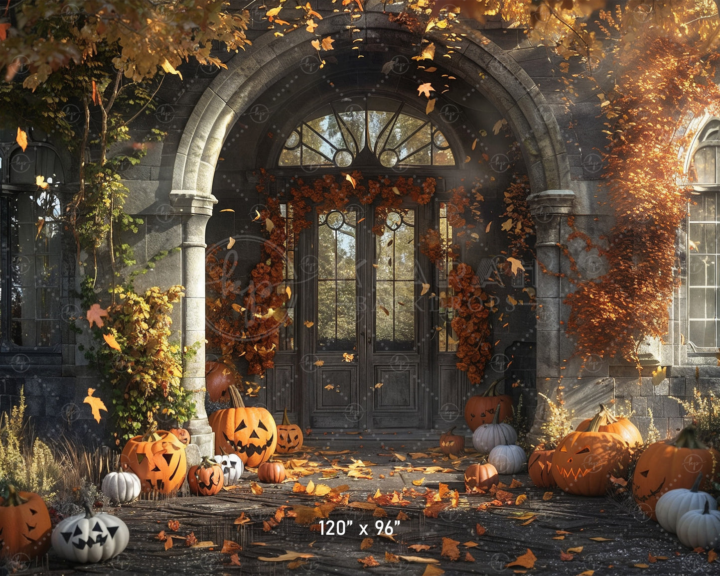 Haunted Gothic Porch with Pumpkins Backdrop