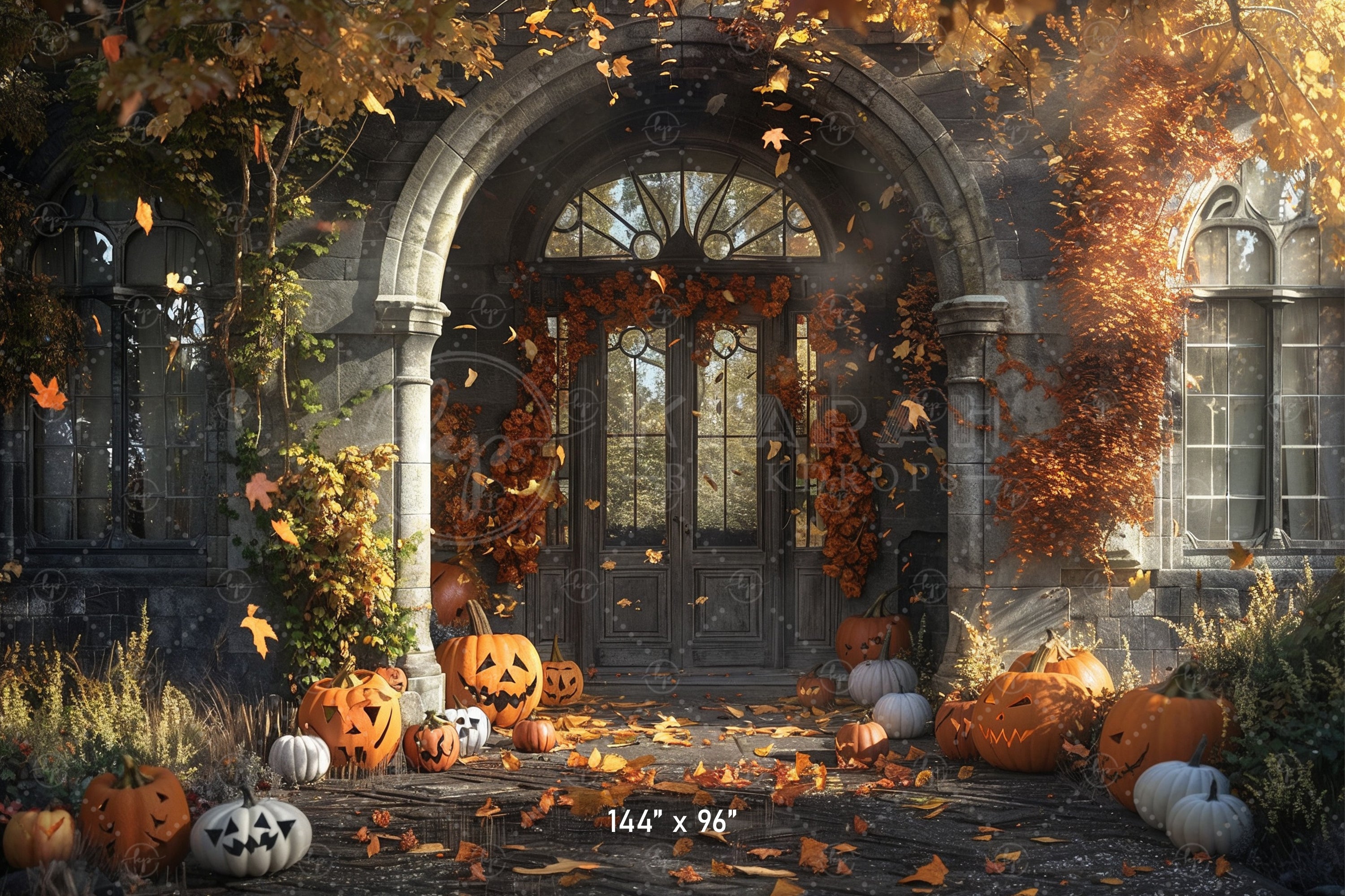 Haunted Gothic Porch with Pumpkins Backdrop