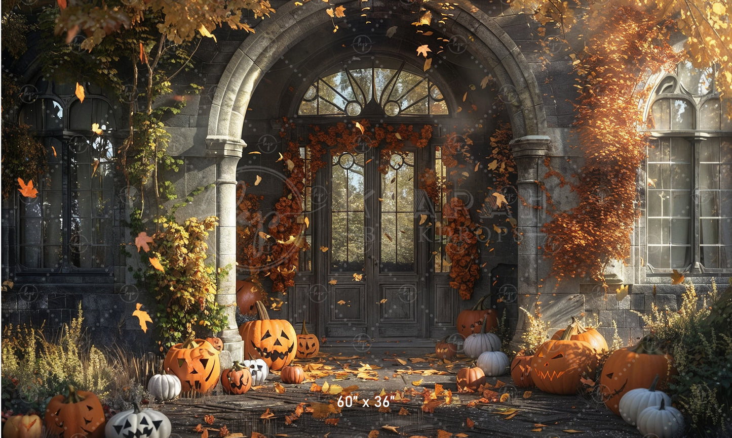 Haunted Gothic Porch with Pumpkins Backdrop