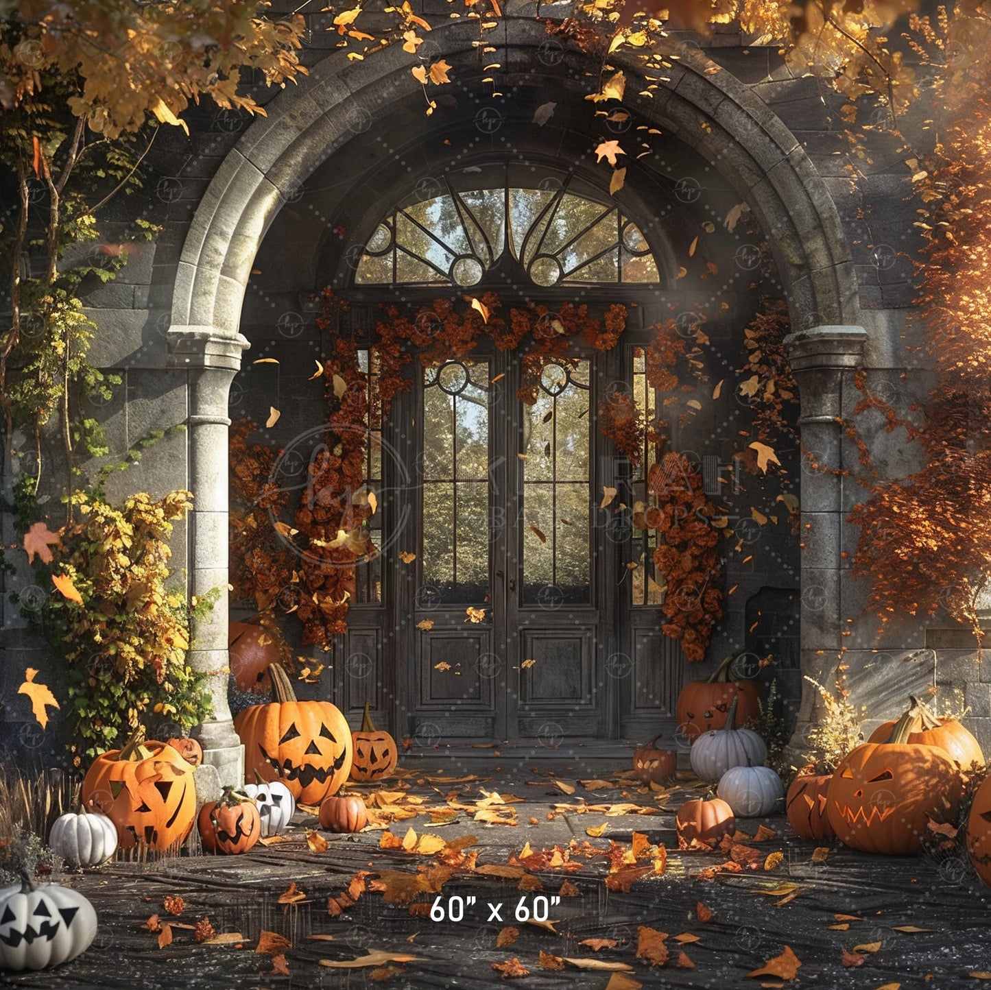 Haunted Gothic Porch with Pumpkins Backdrop