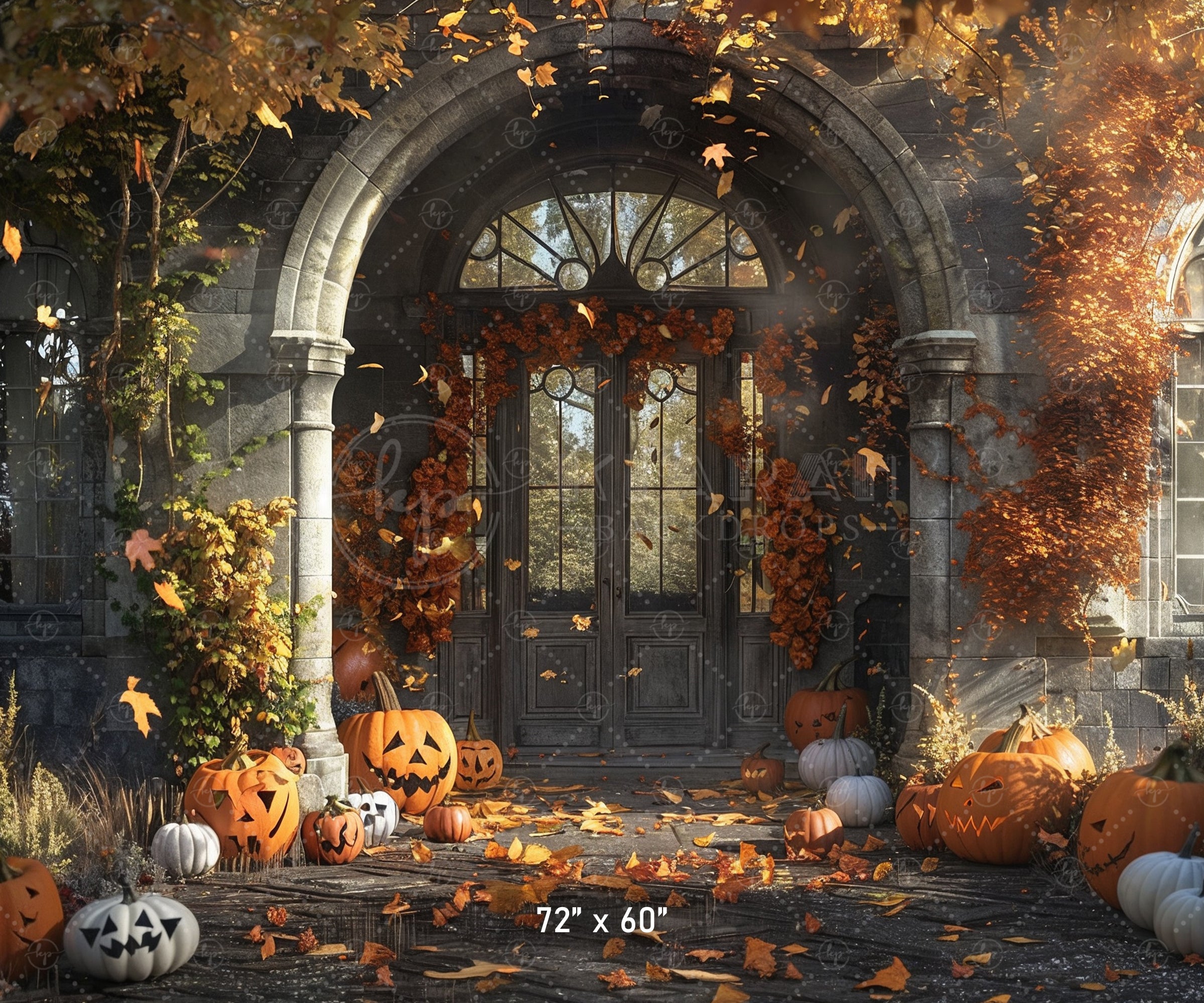 Haunted Gothic Porch with Pumpkins Backdrop