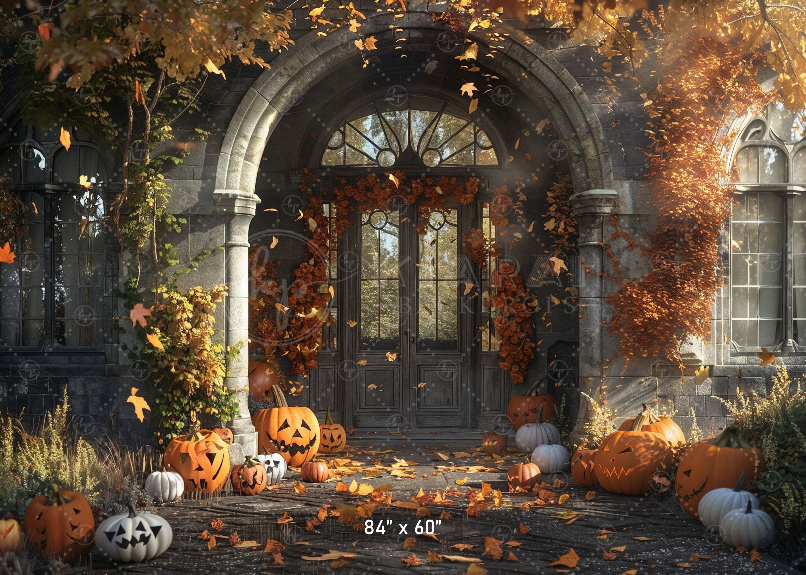 Haunted Gothic Porch with Pumpkins Backdrop