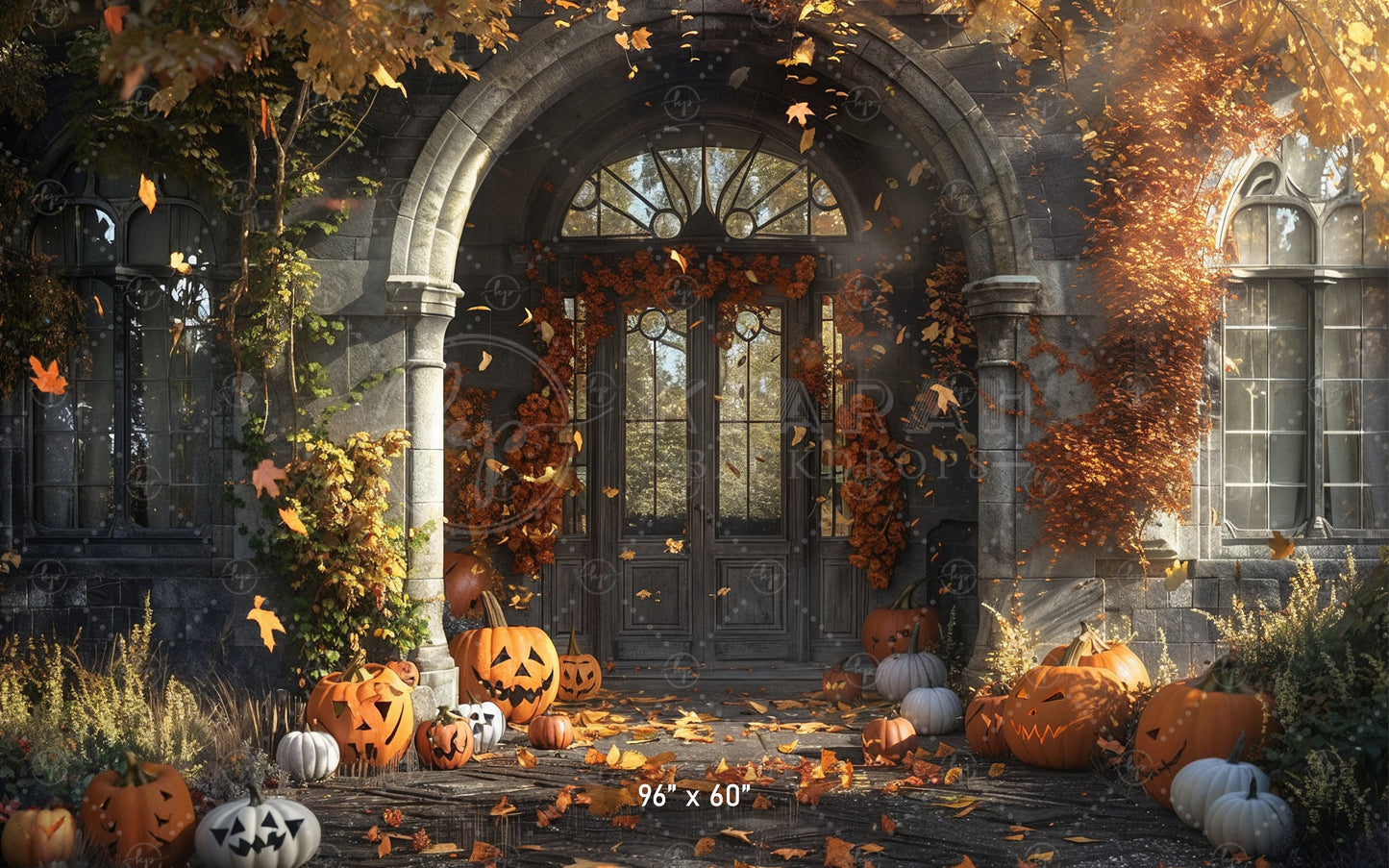 Haunted Gothic Porch with Pumpkins Backdrop