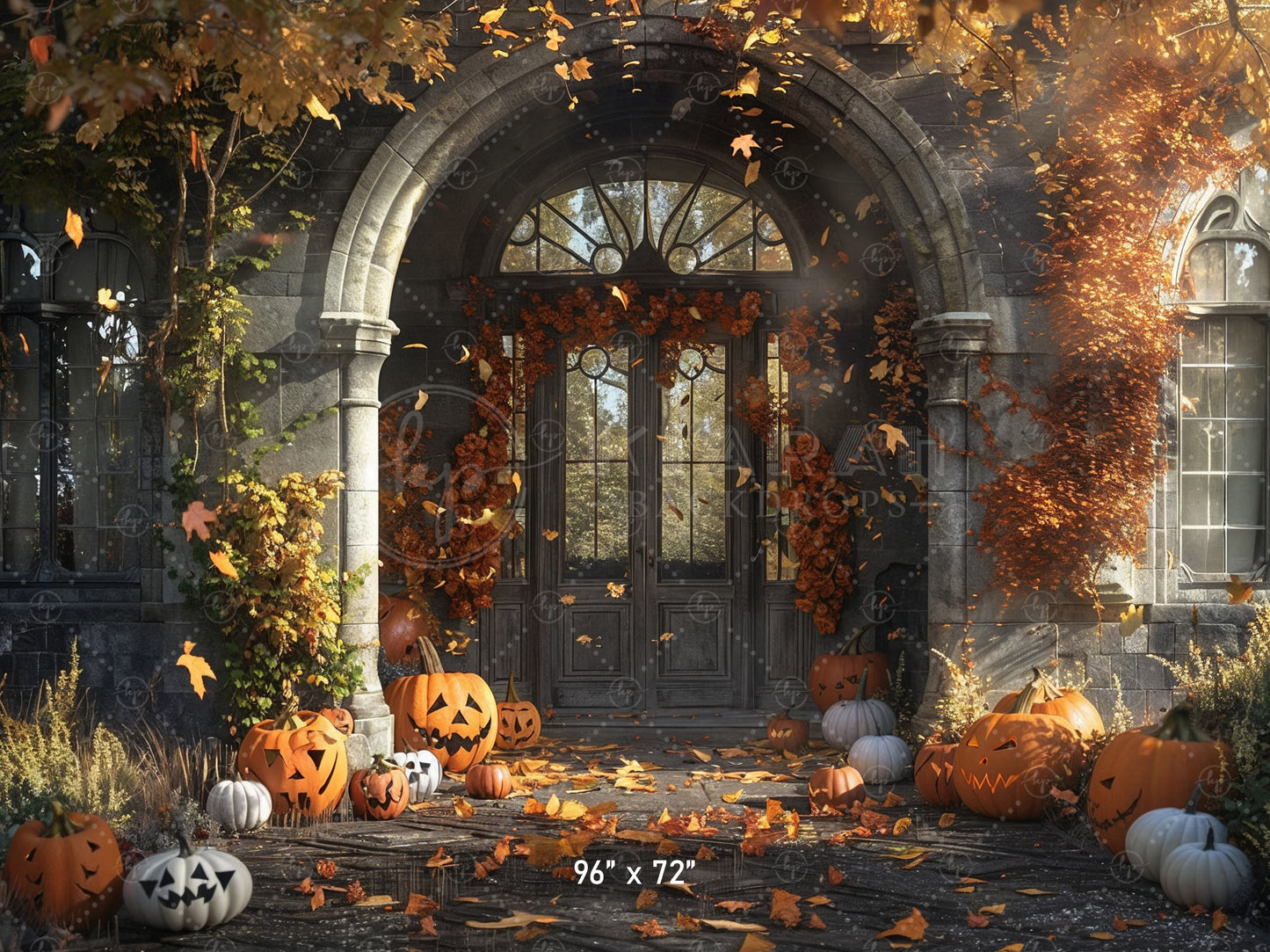 Haunted Gothic Porch with Pumpkins Backdrop