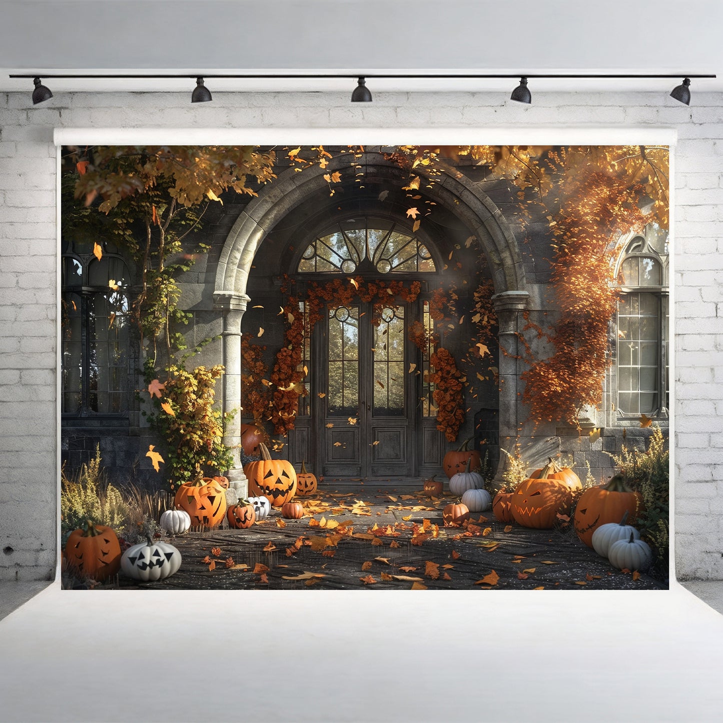 Haunted Gothic Porch with Pumpkins Backdrop