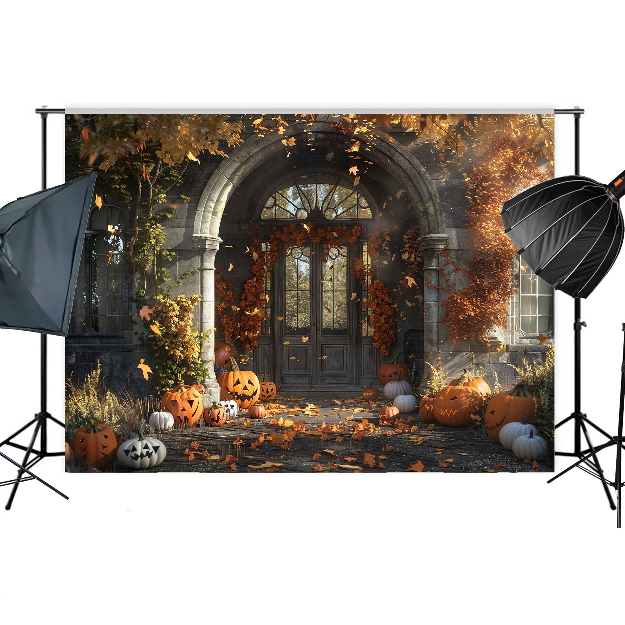Haunted Gothic Porch with Pumpkins Backdrop