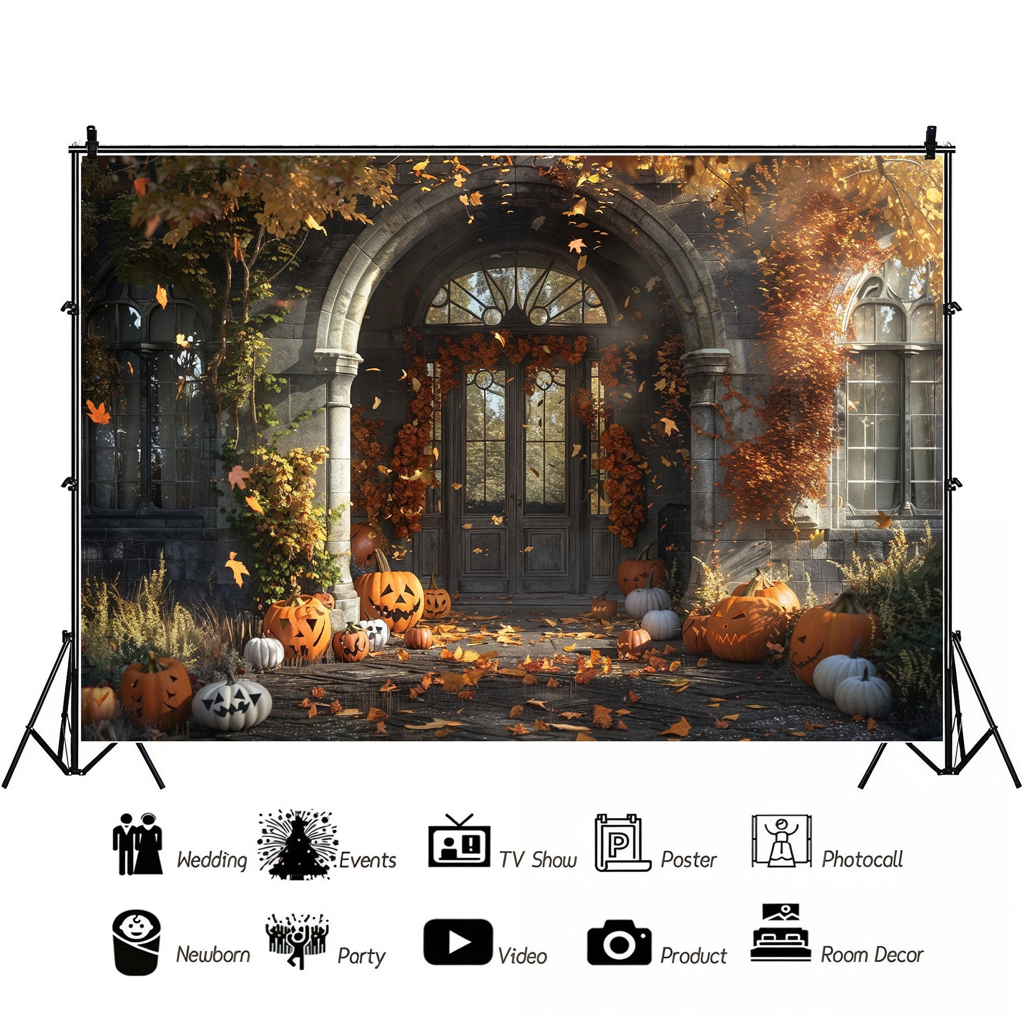 Haunted Gothic Porch with Pumpkins Backdrop