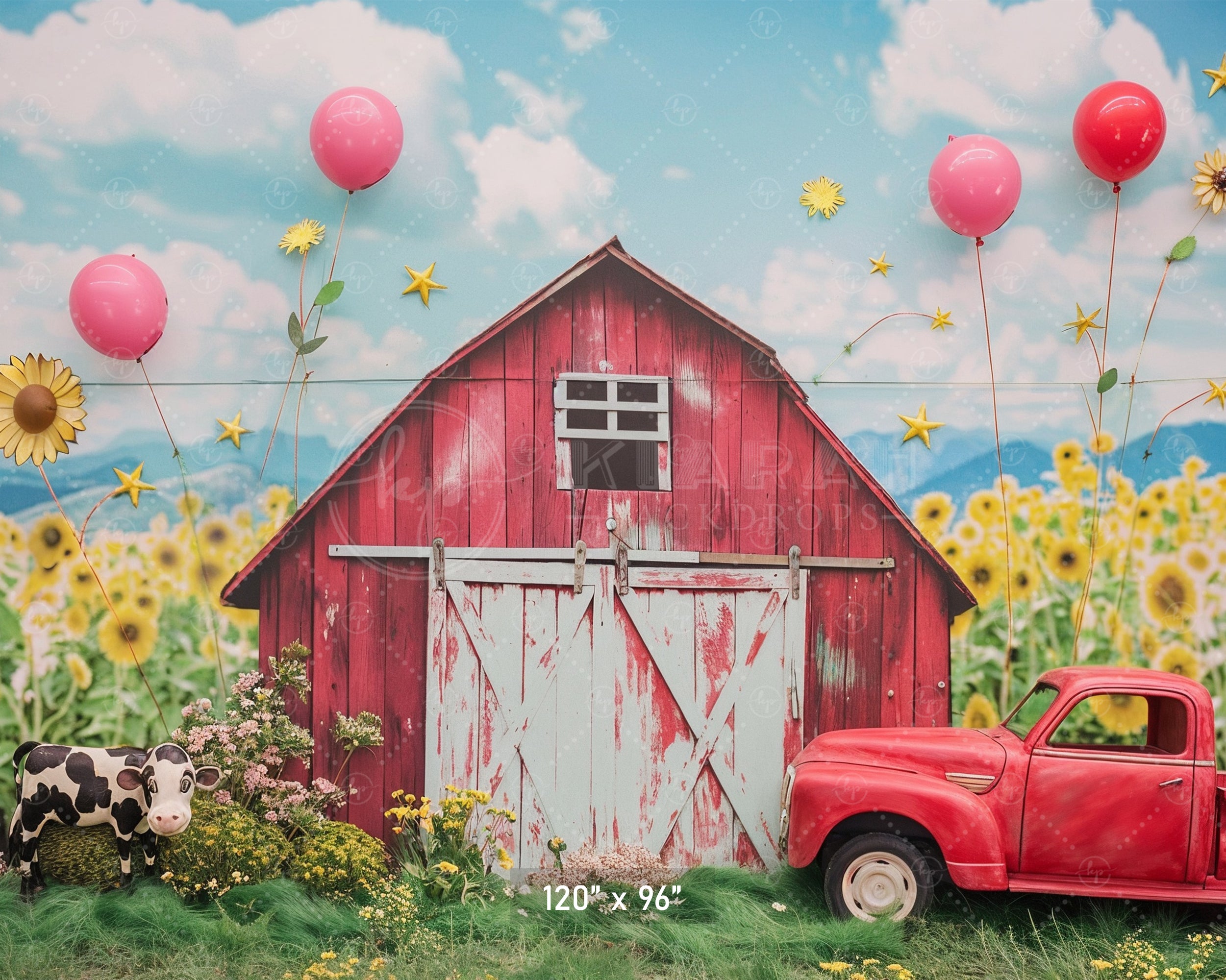Rustic Red Barn & Sunflower Field Backdrop