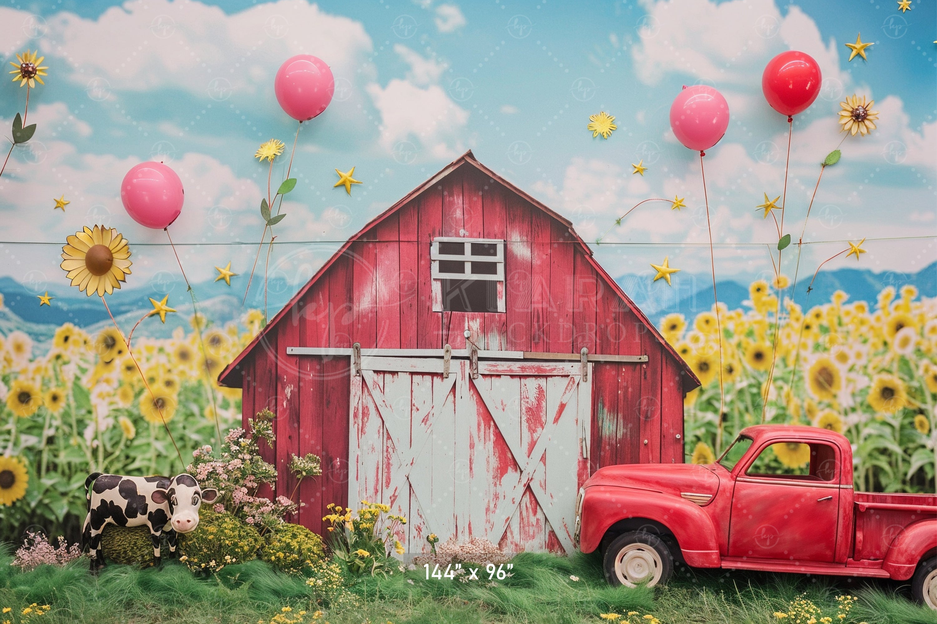 Rustic Red Barn & Sunflower Field Backdrop