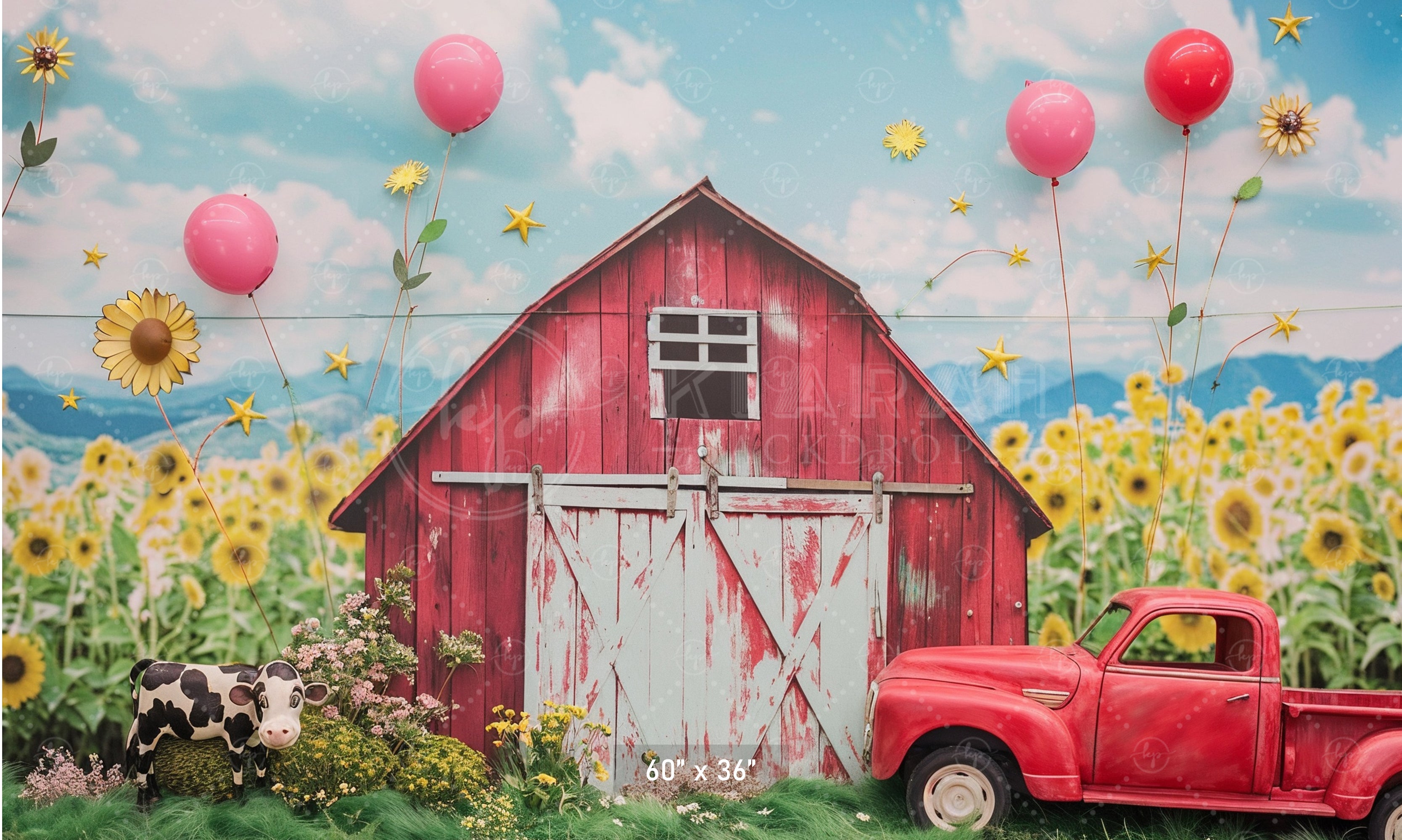 Rustic Red Barn & Sunflower Field Backdrop