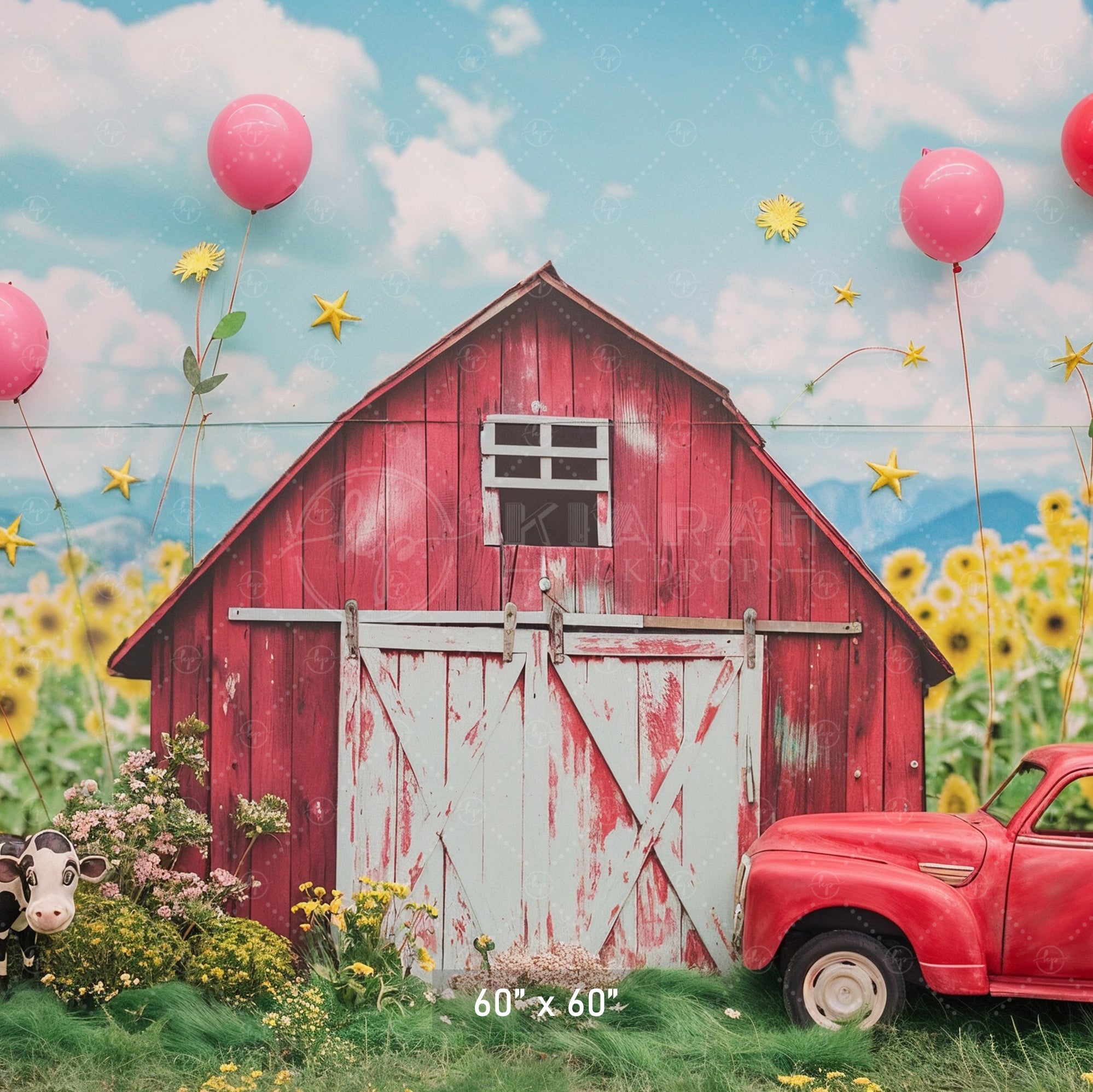 Rustic Red Barn & Sunflower Field Backdrop